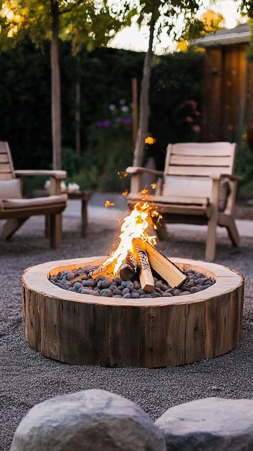 A rustic fire pit made from round, weathered wood, surrounded by smooth stones and wooden chairs in an outdoor garden setting, with flickering flames providing warmth and light.