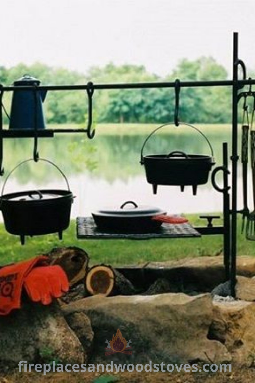 An outdoor cooking area featuring pots and pans on the stove beside a lake, showcasing camping cooking gear and designs for stylish outdoor cooking. Transform your backyard into a beautiful space for culinary adventures with inspiration from patioandhomefurniture.com.