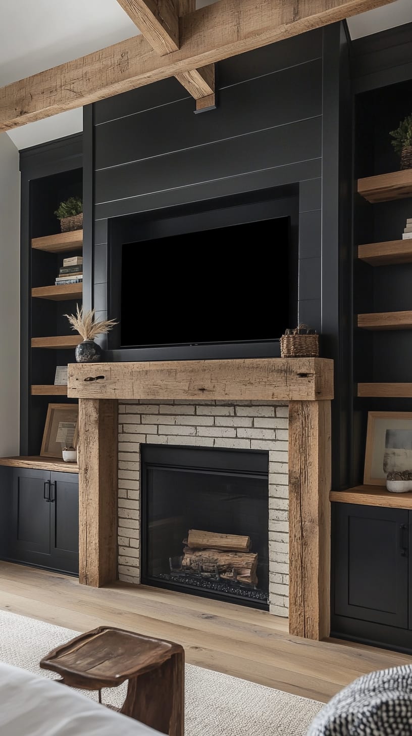 A modern farmhouse fireplace with rustic wooden beams, a black shiplap wall, built-in shelves, and warm lighting, creating a cozy and inviting living space.