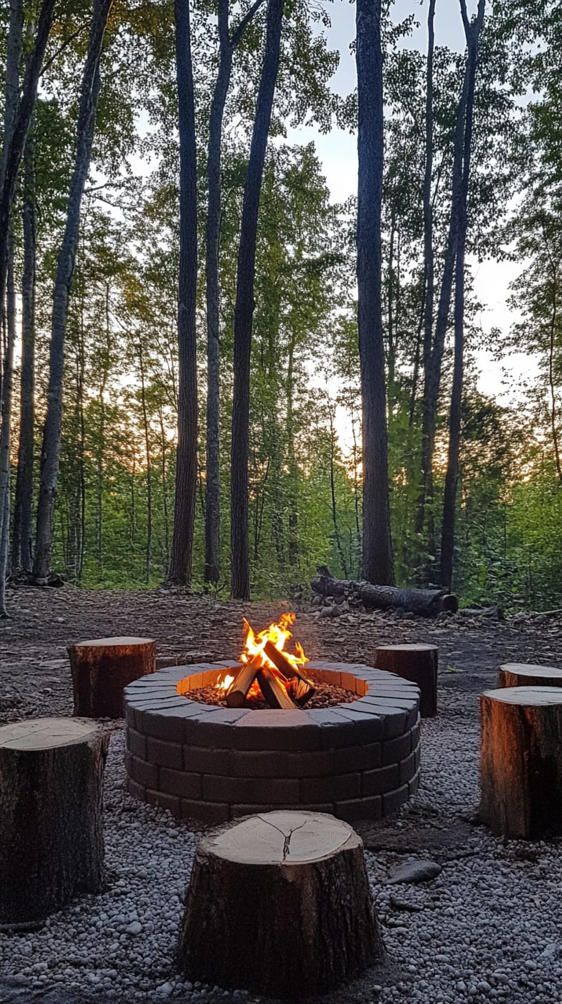 A cozy fire pit surrounded by rustic log seating in the woods at sunset, with tall trees in the background and a serene atmosphere.