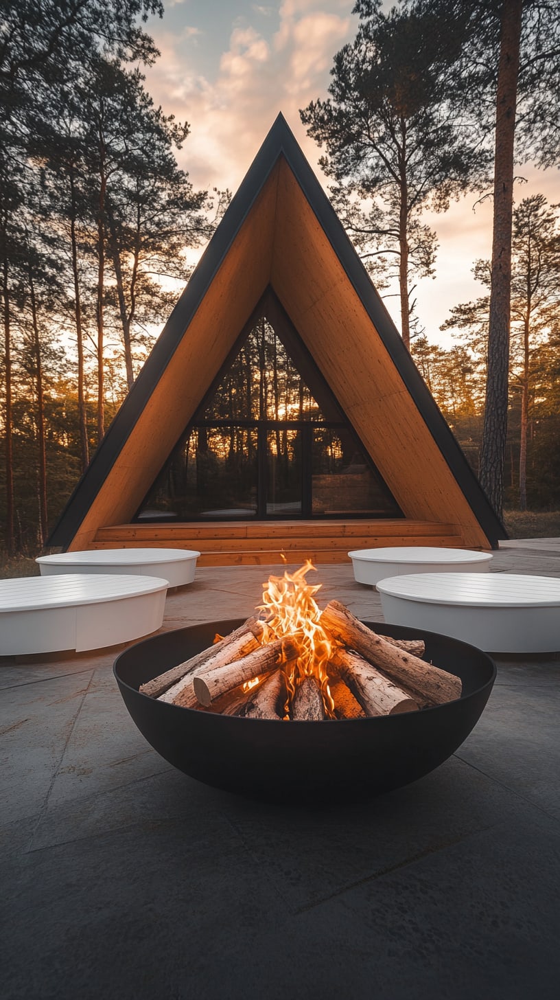 A modern A-frame cabin with large windows and a black metal fire pit surrounded by white seating, set in a wooded area at sunset.