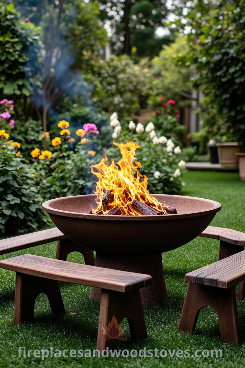 Rustic fire pit surrounded by lush greenery and blooming flowers in a vibrant garden, with weathered wooden benches encircling it, creating a cozy and inviting atmosphere perfect for gatherings, showcasing inspiring decor ideas for your home at fireplacesandwoodstoves.com.