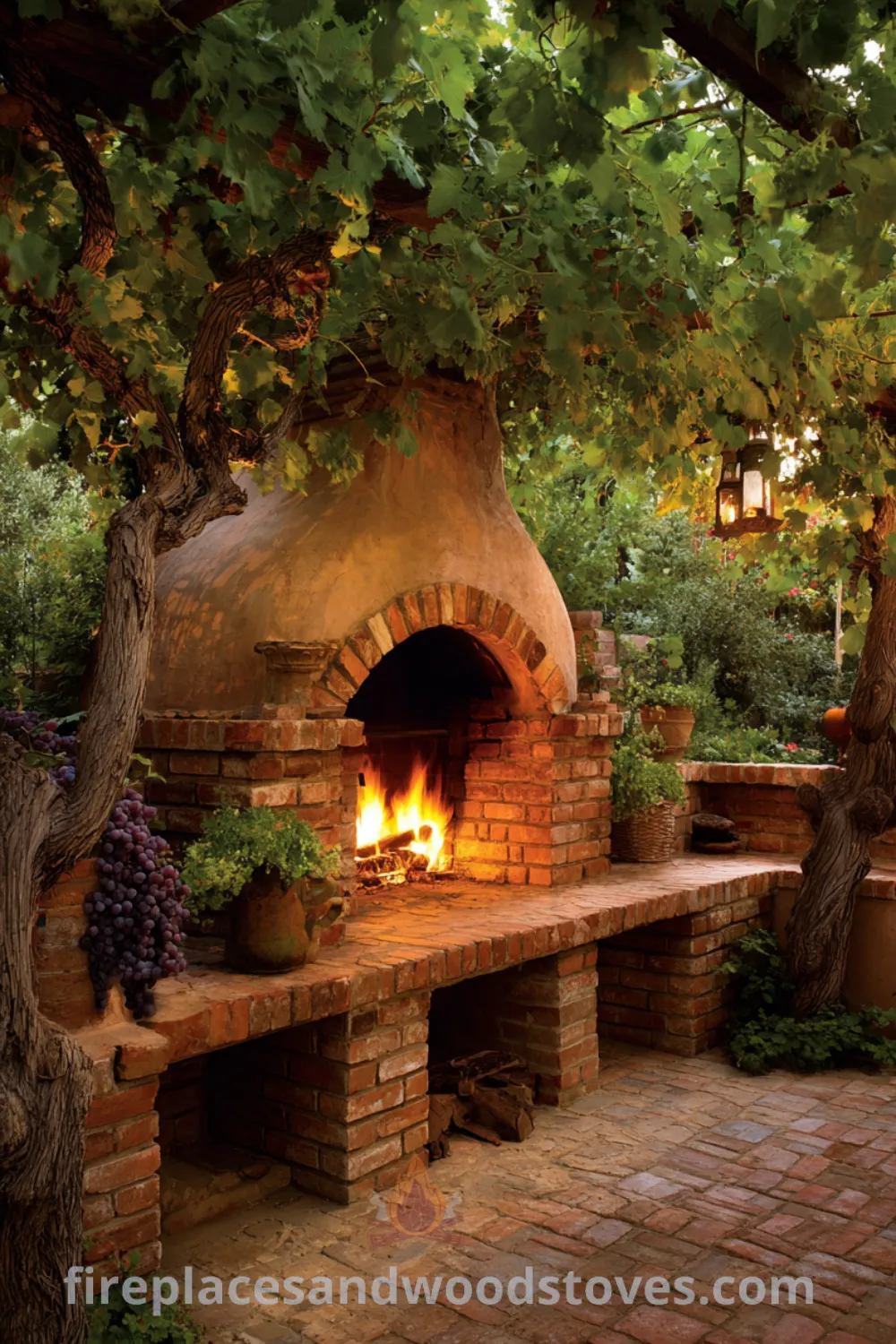 Outdoor fireplace with exposed brick, lush grapevines, large open hearth, and charming mediterranean fireplace elements.
