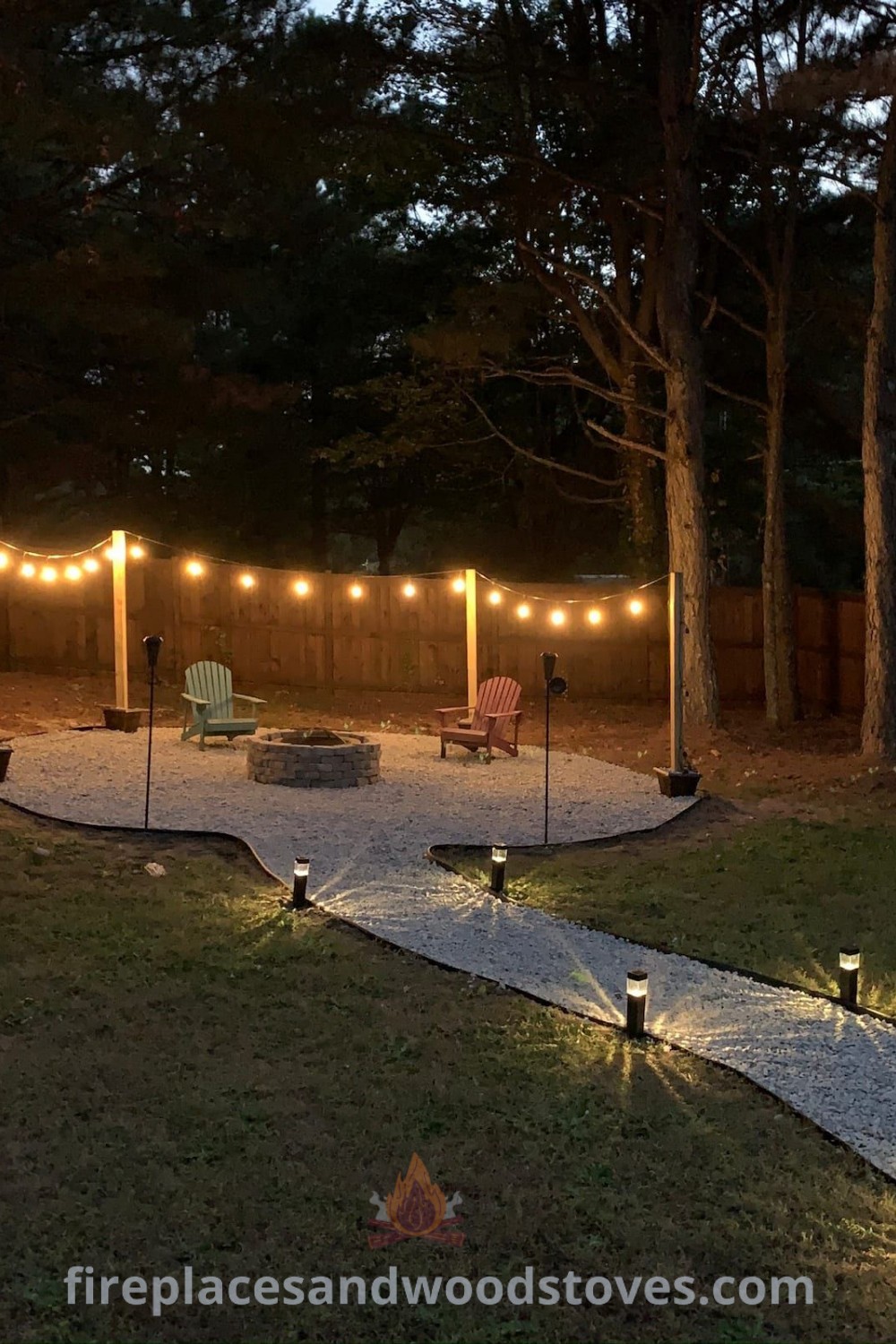 An outdoor patio with lights strung around it, featuring ideas for cozy gatherings, a fire pit, and stylish decor to enhance your outdoor space. Discover more outdoor inspiration at patioandhomefurniture.com.