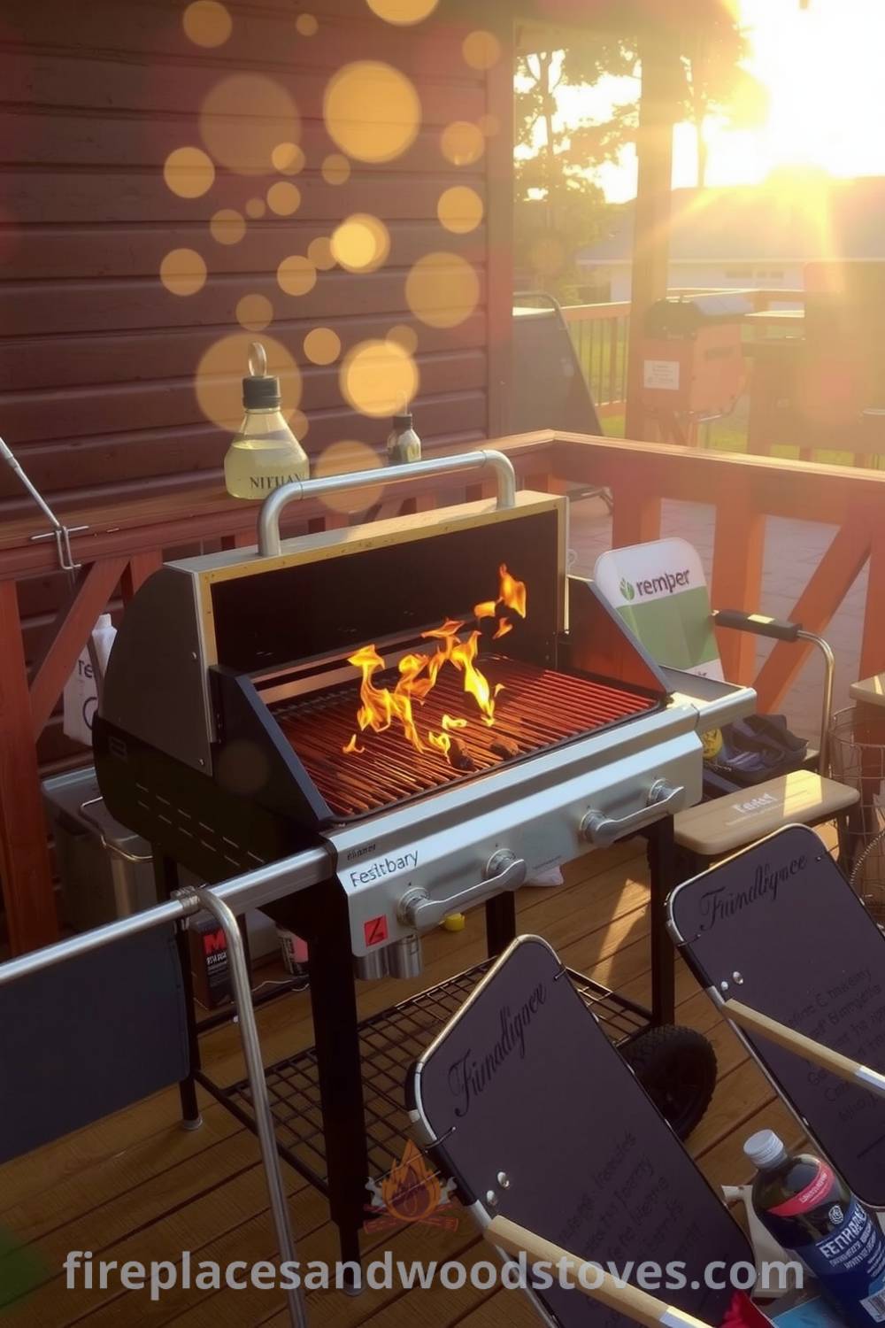 Stainless steel barbecue grill on a wooden deck, flames flickering beneath the grates, surrounded by mismatched chairs, creating a cozy atmosphere perfect for gatherings. Ideas for your home and unique decor inspirations can be found at fireplacesandwoodstoves.com.