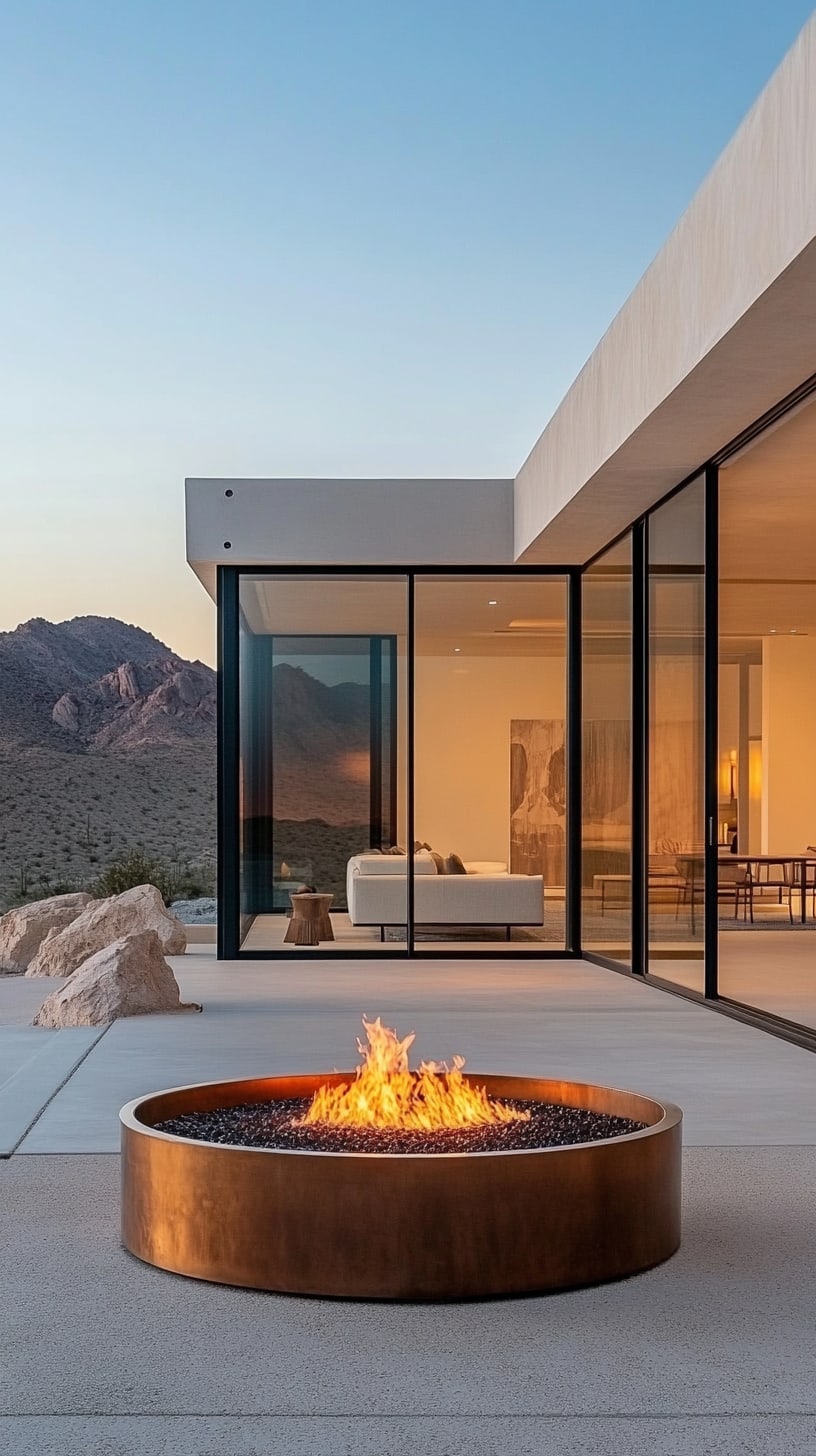 A modern house in the desert featuring large glass windows, a circular brushed copper fire pit on the patio, and stunning mountain views.