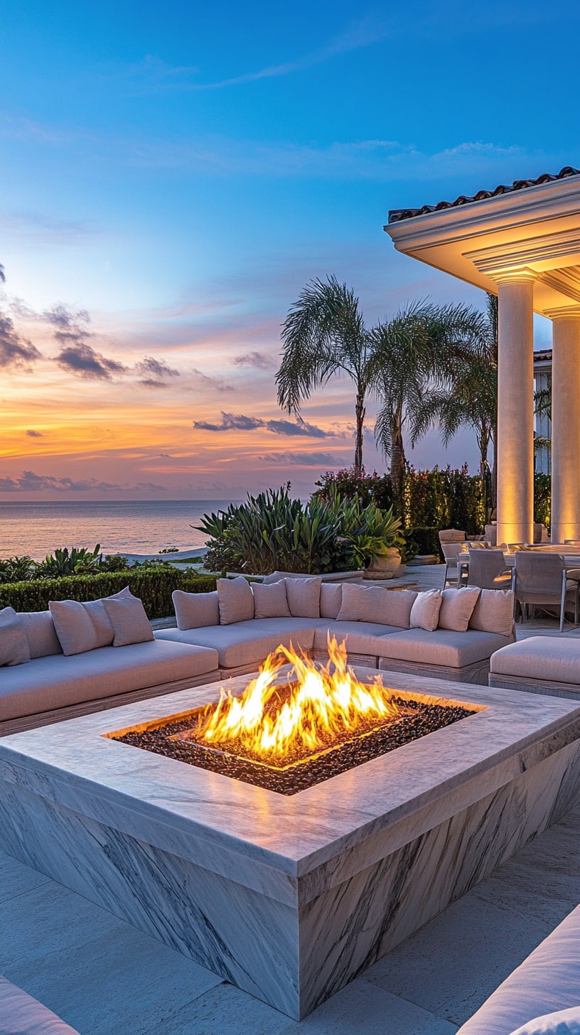A luxurious outdoor fire pit made of marble, surrounded by elegant seating, overlooking the ocean at sunset, creating a serene and inviting atmosphere.