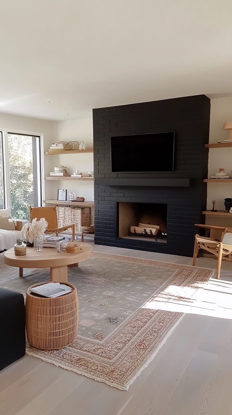 A modern farmhouse living room showcasing a black-painted brick fireplace, light oak floors, a vintage rug, and warm natural lighting, complete with a mid-century coffee table and rustic wooden shelf.