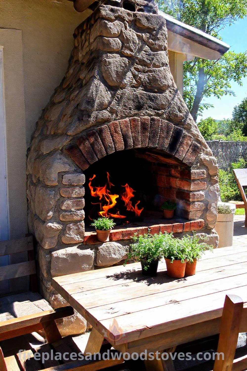Weathered stone BBQ oven on a sun-drenched patio surrounded by potted herbs and a wooden picnic table, creating a cozy atmosphere for outdoor gatherings with friends. Visit patioandhomefurniture.com for stylish ideas that will wow your guests.