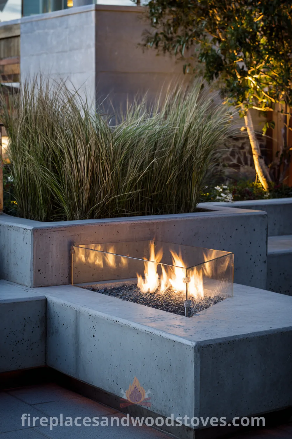 Outdoor mid-century modern corner fireplace with polished concrete, built-in planters, and architectural grasses, creating a warm inviting atmosphere.