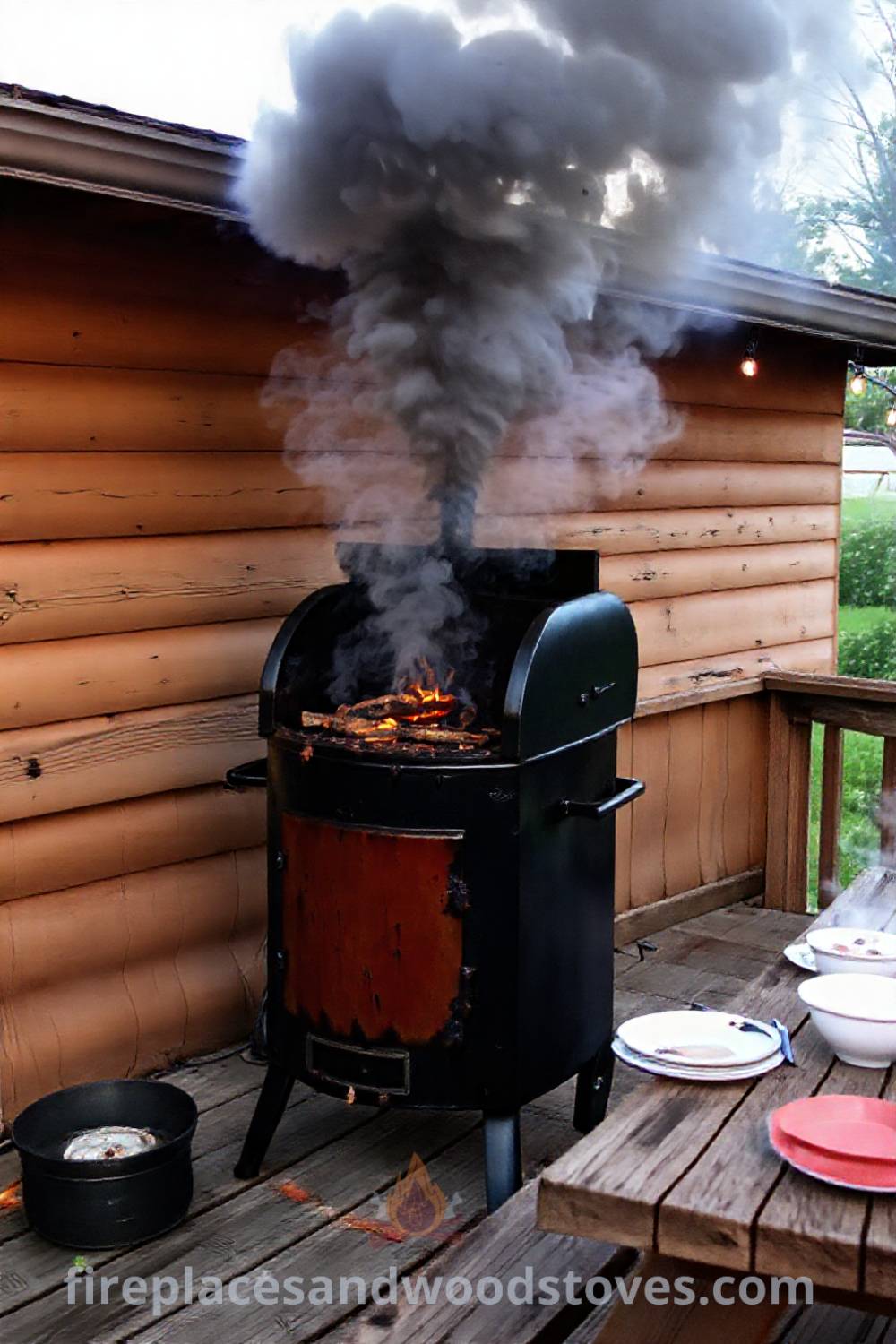 Heavy-duty barbecue smoker on a rustic wooden deck surrounded by a picnic table, exuding a cozy outdoor atmosphere perfect for summer gatherings, with inviting scents of slow-cooked meat. Visit patioandhomefurniture.com for stylish outdoor design inspiration.