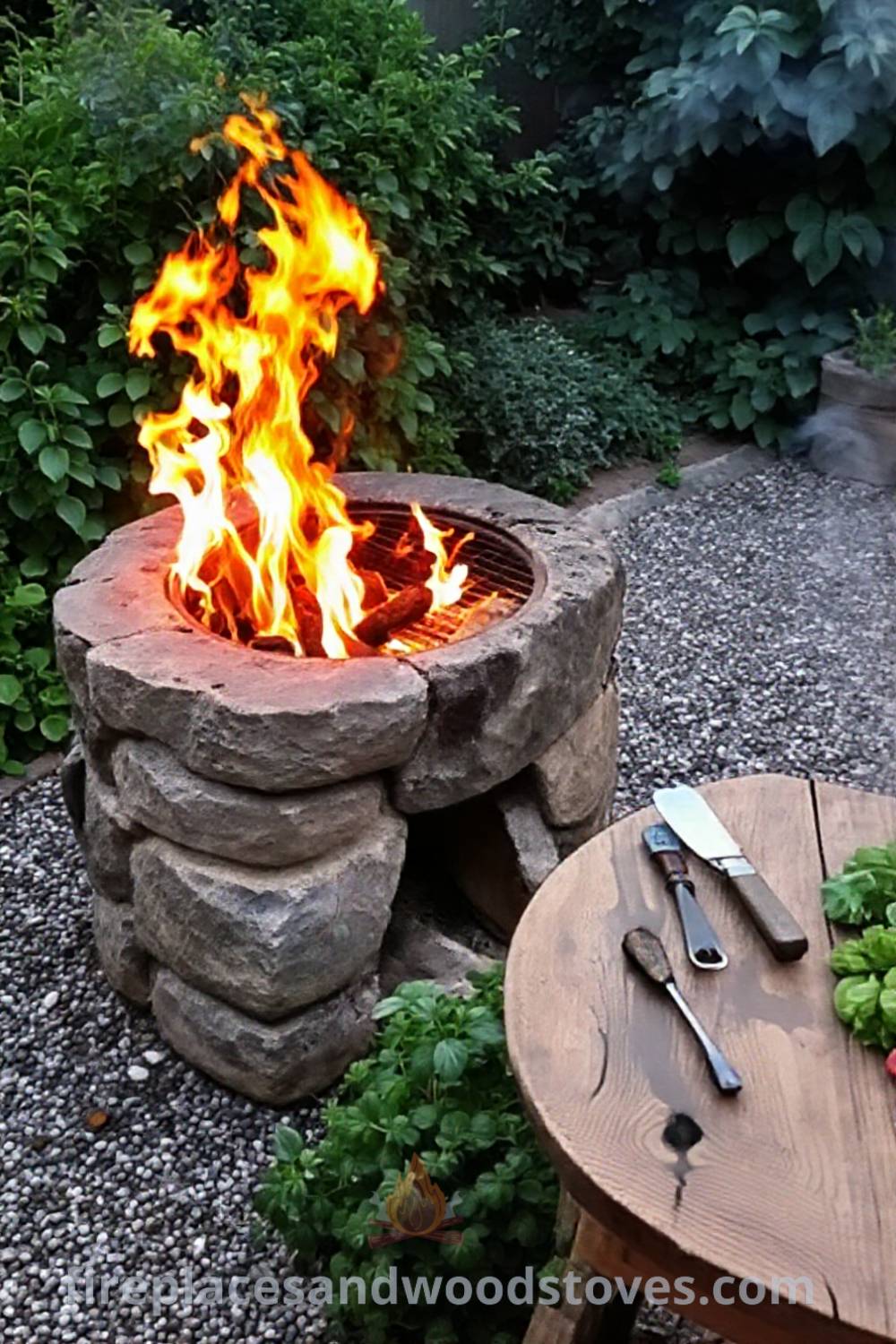 Stone wood-fired barbecue on a gravel patio, surrounded by lush garden greenery and herbs, creating a cozy outdoor space for summer gatherings. Visit patioandhomefurniture.com for incredible outdoor design ideas that will wow your guests.
