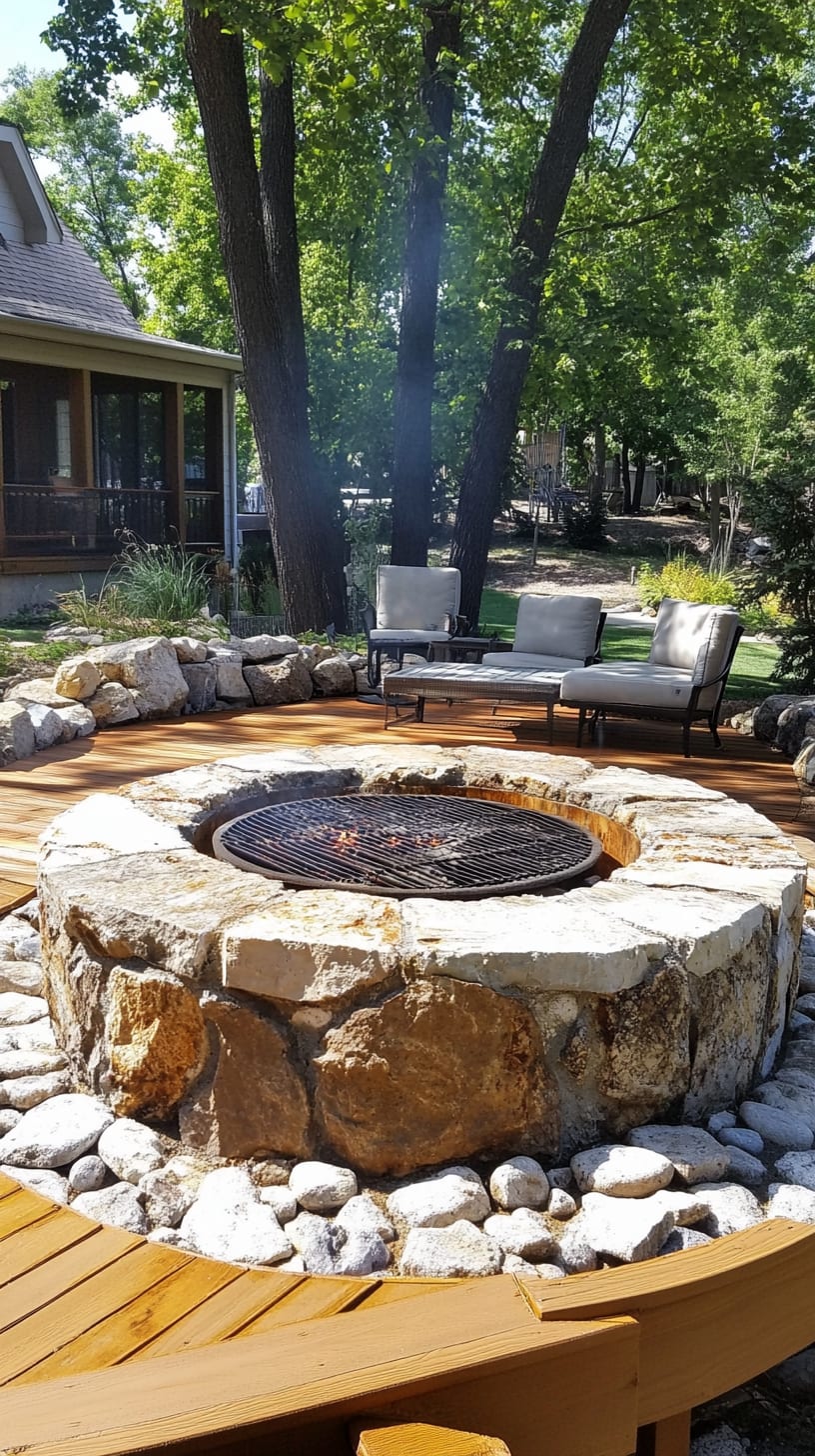 A large stone fire pit surrounded by comfortable seating on a wooden deck, with green trees in the background, creating a cozy and inviting outdoor gathering space.