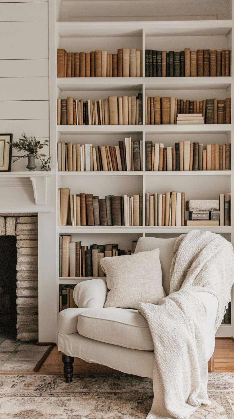 A warm and inviting reading nook featuring white bookshelves filled with vintage books, a plush armchair with a blanket, and a fireplace in a cozy living room with neutral tones.