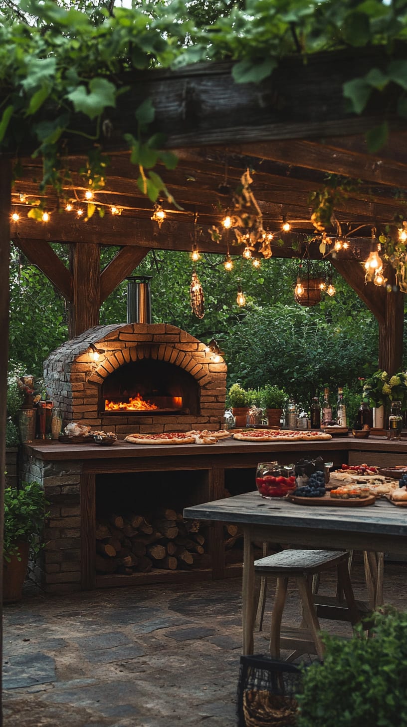 A rustic outdoor kitchen featuring an ornate pizza oven surrounded by greenery and string lights, designed for enjoyable cooking and dining experiences.