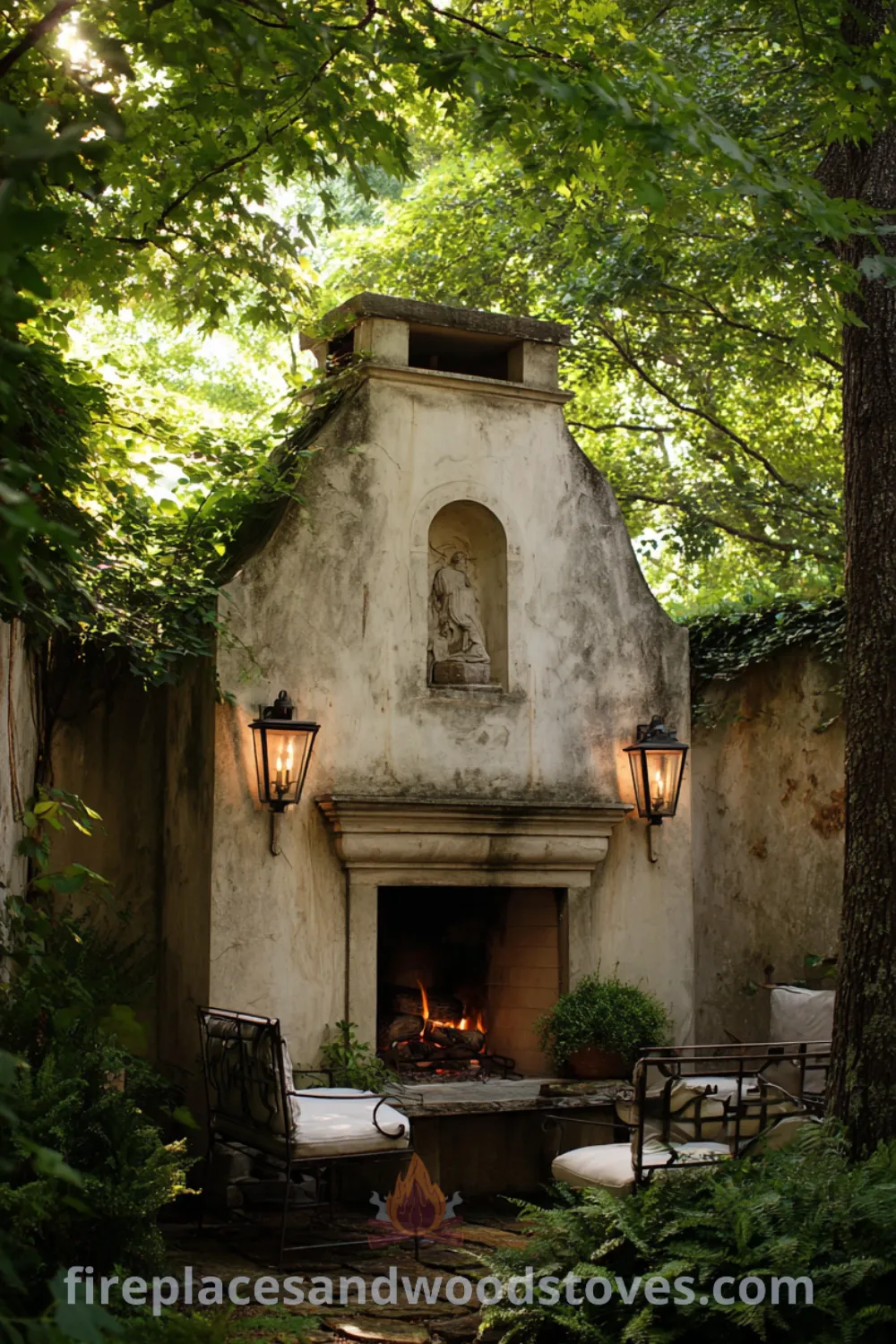Aged stucco fireplace surrounded by greenery featuring arched opening, visible flames, rustic outdoor furniture, and cozy outdoor evenings.