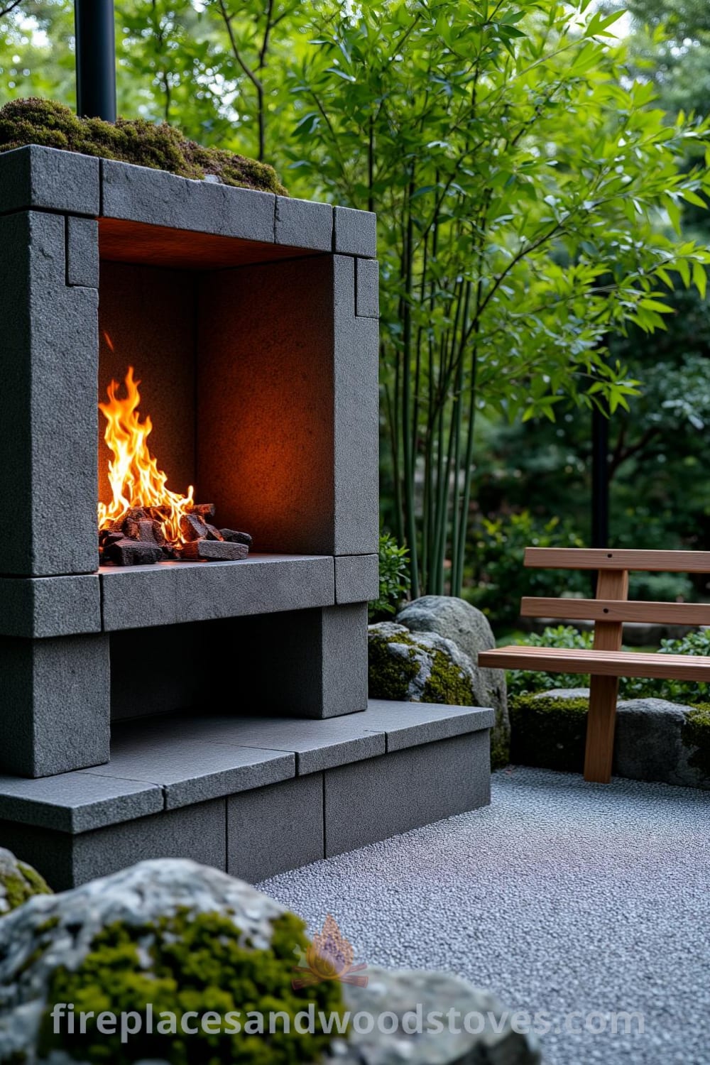 Japanese Zen outdoor fireplace made of rough-hewn stones in a tranquil garden, featuring gentle flames and a nearby weathered wooden bench amid lush greenery, offering cozy design ideas for creating a peaceful home ambiance. Visit fireplacesandwoodstoves.com for inspiring decor ideas.
