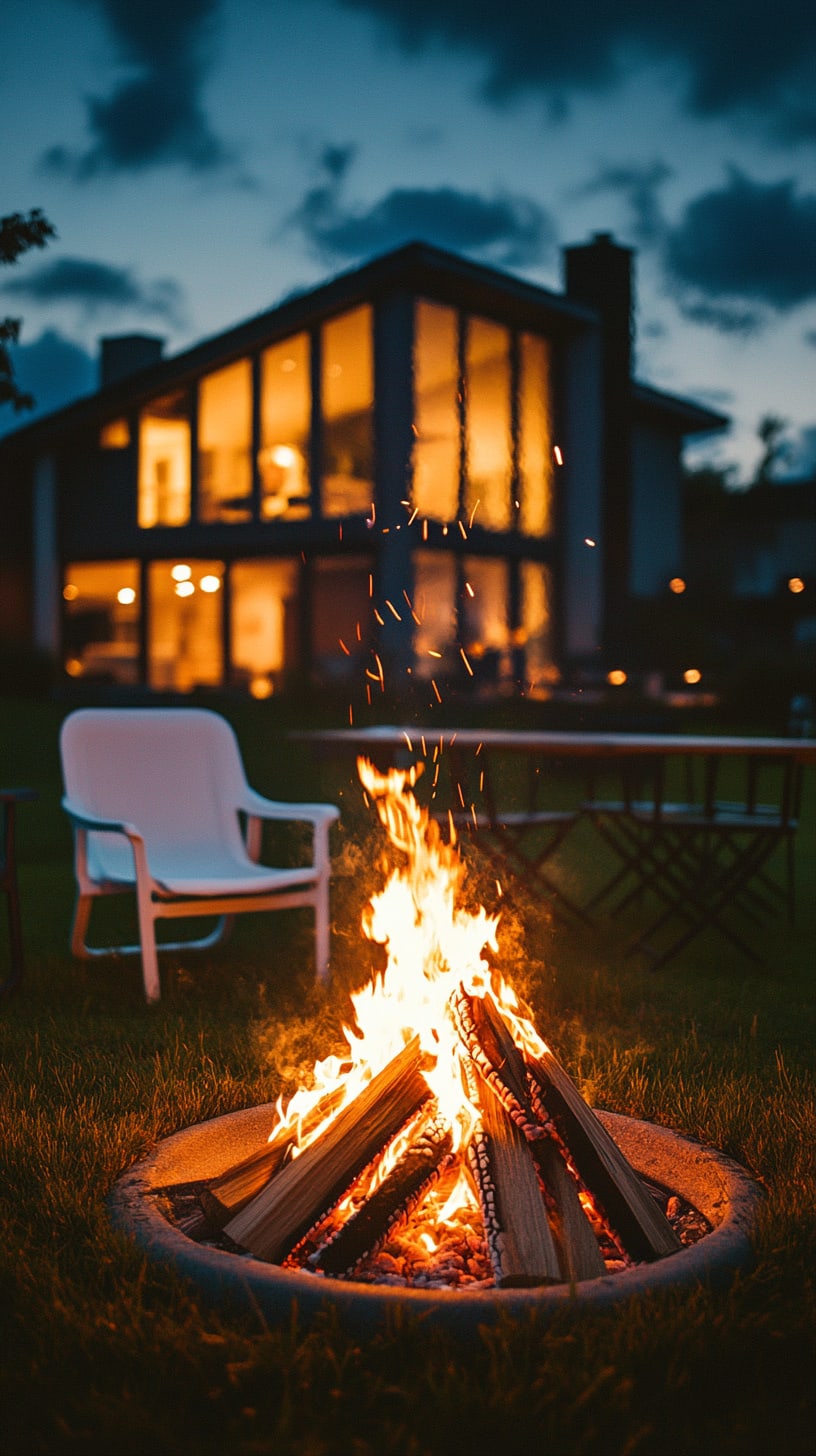 An open-air fire pit surrounded by white lawn chairs, with a modern house visible at night, creating a cozy and inviting outdoor atmosphere.