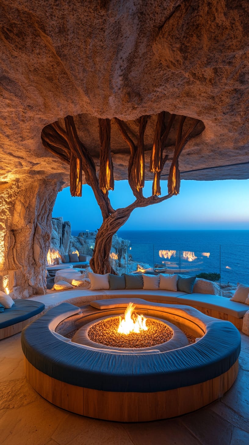 A luxurious cliffside lounge with a round fire pit, surrounded by rustic seating and a stunning sea view at dusk, featuring organic architecture and soft blue hour lighting.
