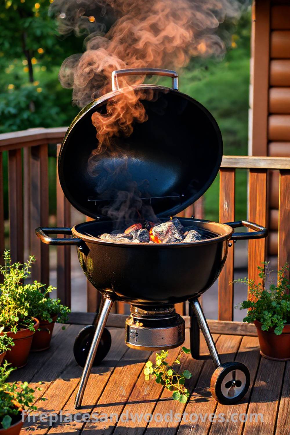 Classic charcoal grill on a wooden deck at sunset with smoke, sizzling meat, and potted herbs, creating a cozy atmosphere for gatherings, perfect for outdoor design inspiration. Visit patioandhomefurniture.com for incredible ideas that will wow your guests.
