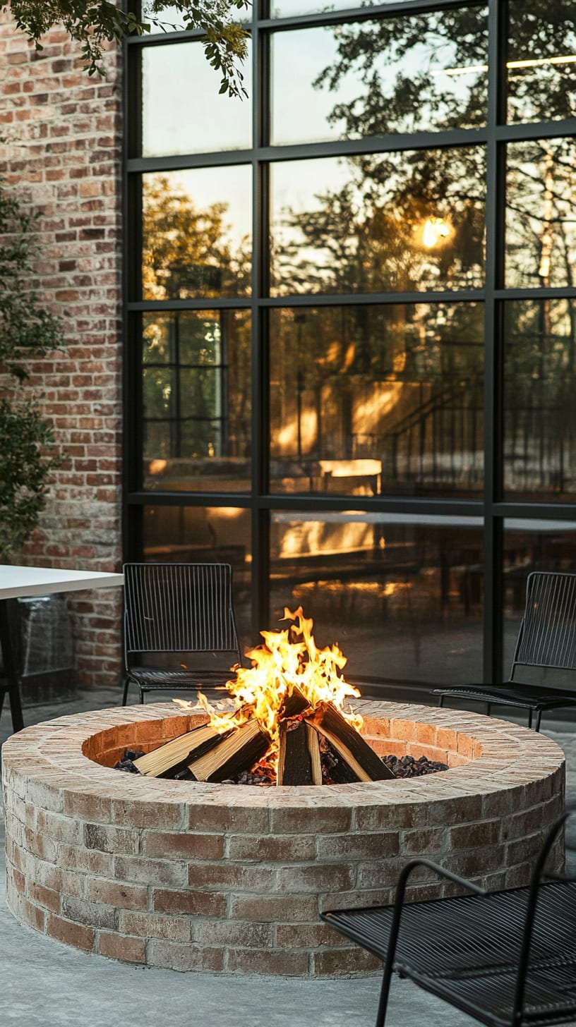 A round brick fire pit surrounded by black metal chairs, with flames flickering inside, set on an outdoor patio with large glass windows and brick walls.