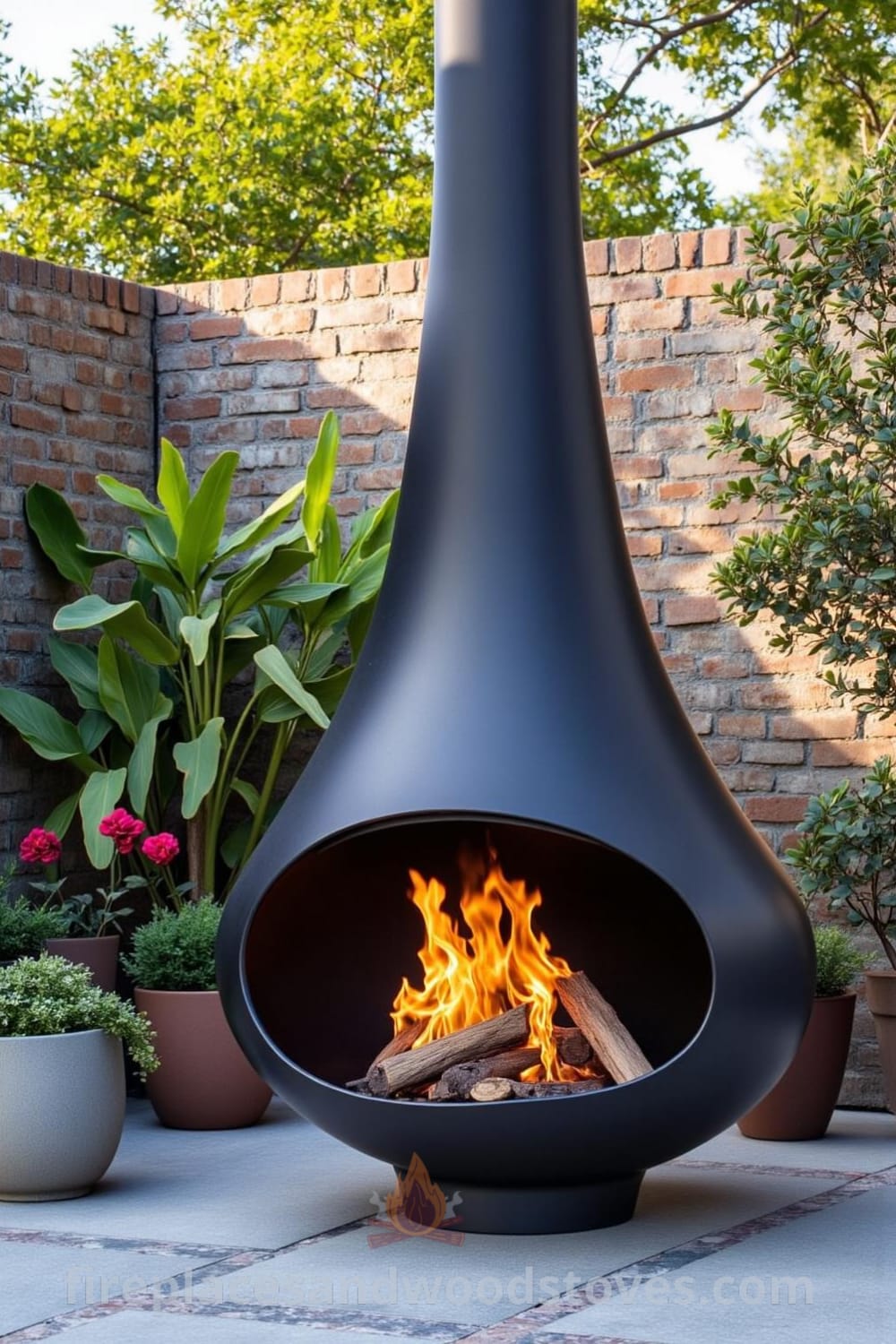 Industrial steel fireplace on a weathered concrete patio surrounded by exposed brick and flagstones, with flickering flames creating a warm, inviting atmosphere, ideal for cozy gatherings. Explore inspiring design ideas at fireplacesandwoodstoves.com.