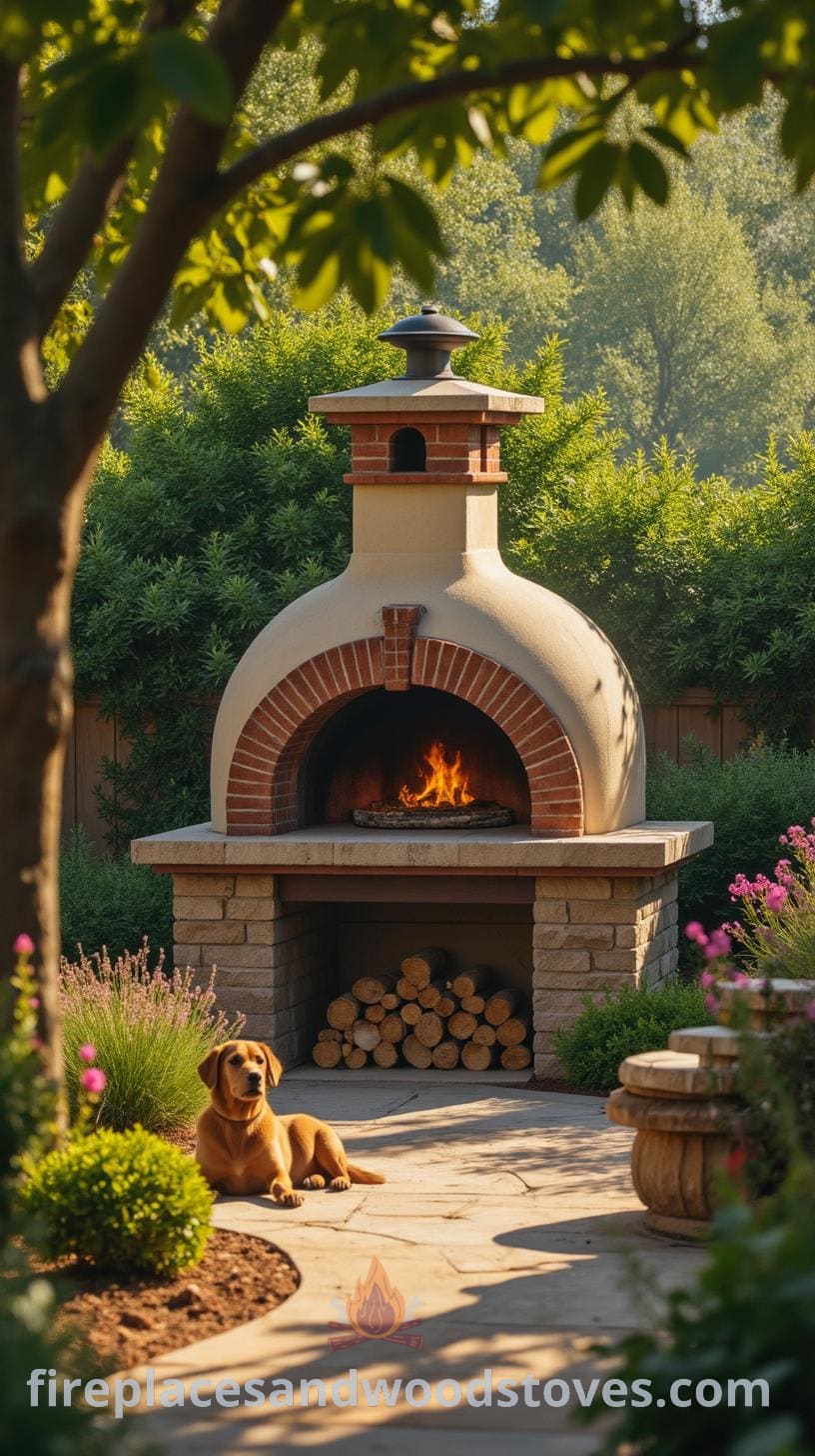 An outdoor space featuring a brick pizza oven with a rounded top, a stone seating area, a resting dog, and a well-maintained garden with greenery and ornamental plants in the background.