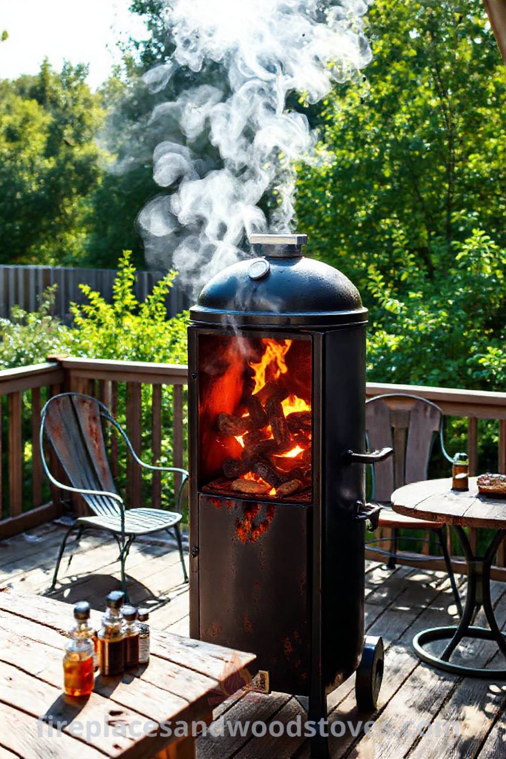 Heavy vertical smoker barbecue on a wooden deck in a sun-dappled backyard, with mismatched patio chairs and a wooden table of marinades, creating a cozy and inviting outdoor space. Visit patioandhomefurniture.com for stylish designs transforming your backyard into a dream gathering place.