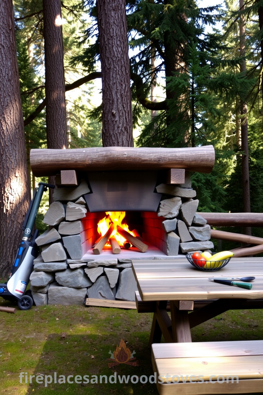 Log-built outdoor barbecue surrounded by pine trees, with flames crackling in the firebox, and a picnic table filled with fresh ingredients, creating a cozy atmosphere perfect for outdoor feasting. Visit fireplacesandwoodstoves.com for unique ideas and inspirations.