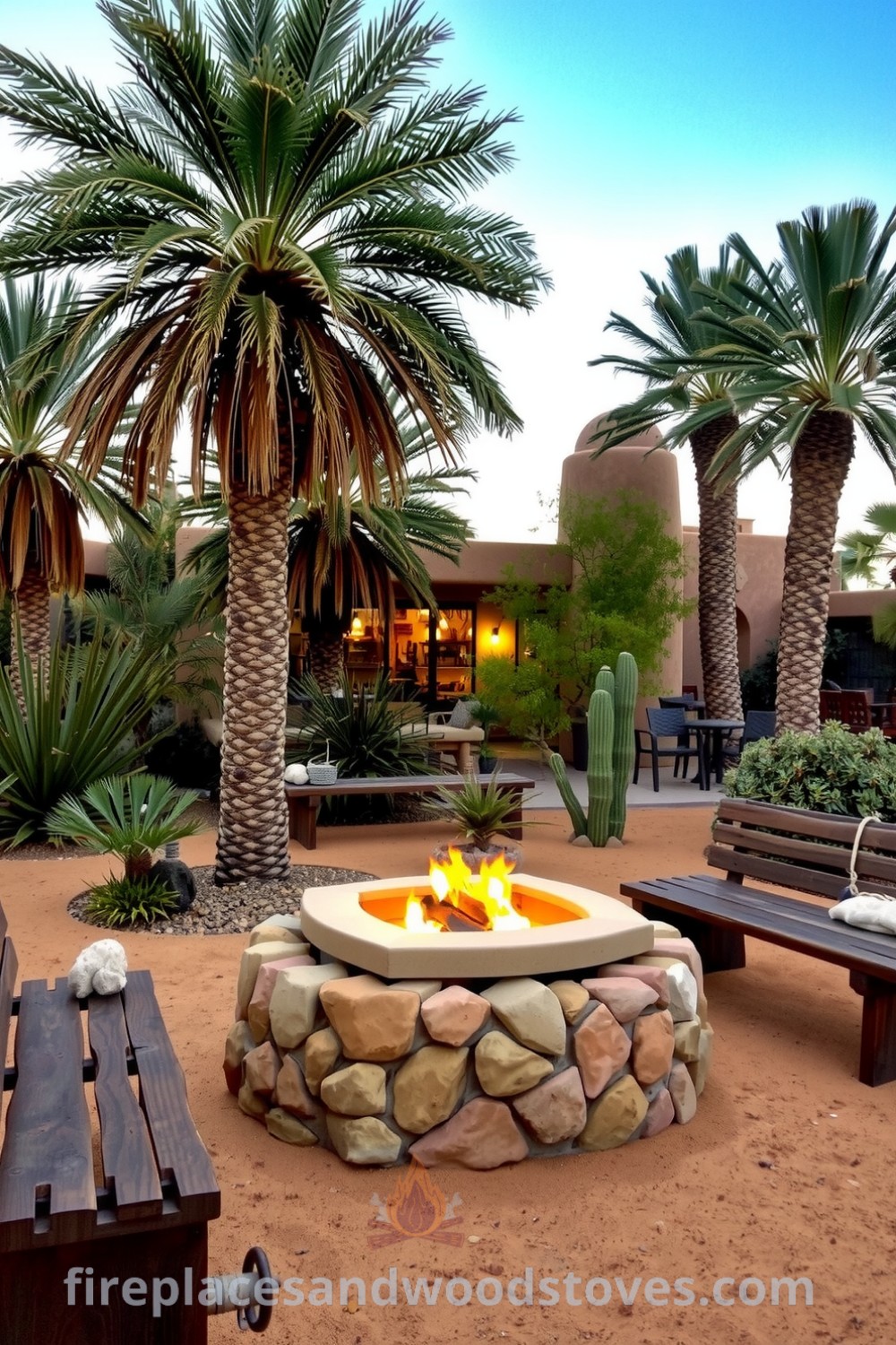 Sandstone barbecue in a lush desert oasis surrounded by swaying palms, gentle flames flickering in the firebox, and well-loved wooden benches inviting friends to gather, showcasing cozy ideas and decor inspirations for your home at fireplacesandwoodstoves.com.