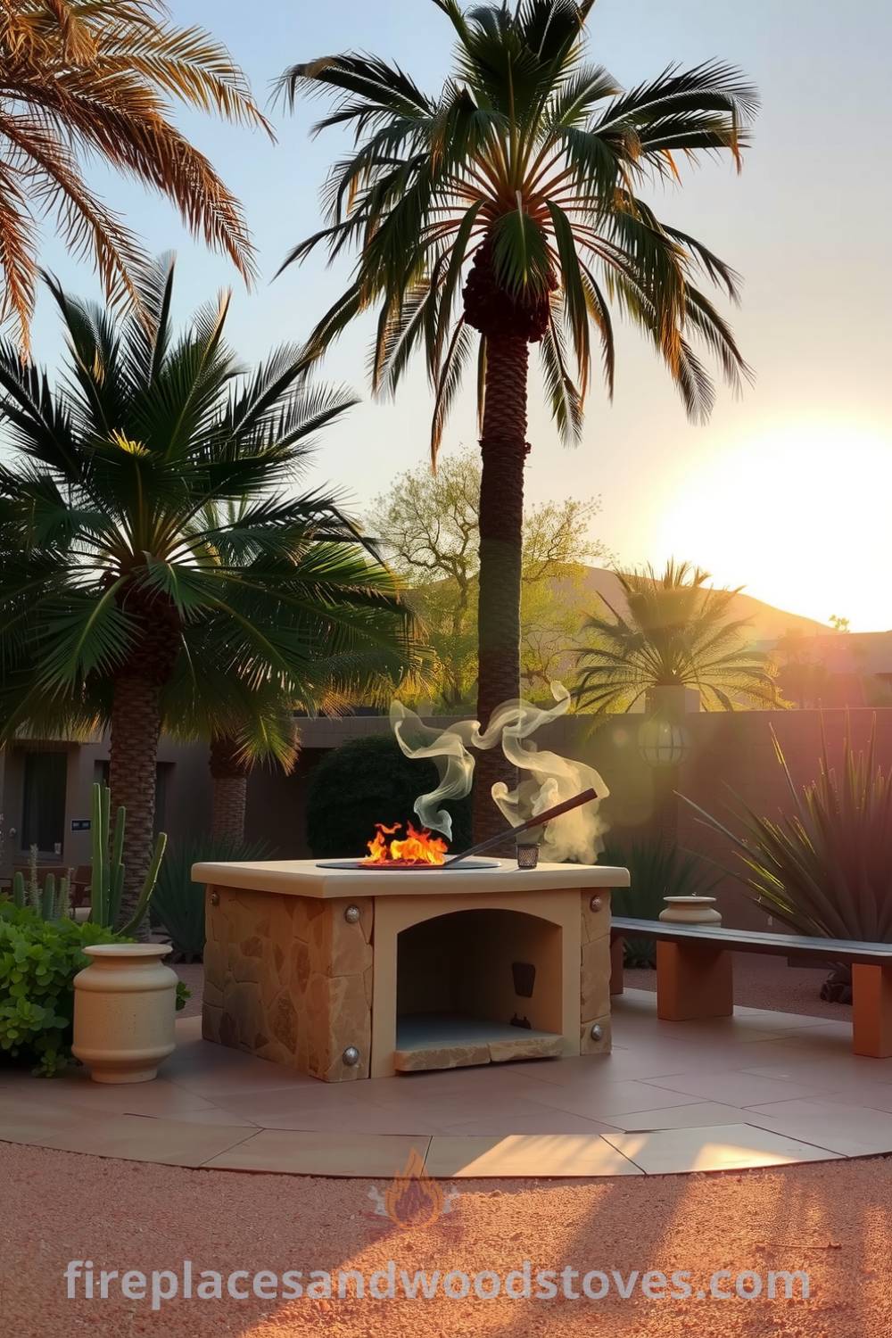 Sandstone barbecue in a sun-drenched desert oasis under palm trees, surrounded by lush shrubs and rustic wooden benches, creating an inviting atmosphere for outdoor feasting. Explore cozy ideas for your home at fireplacesandwoodstoves.com.