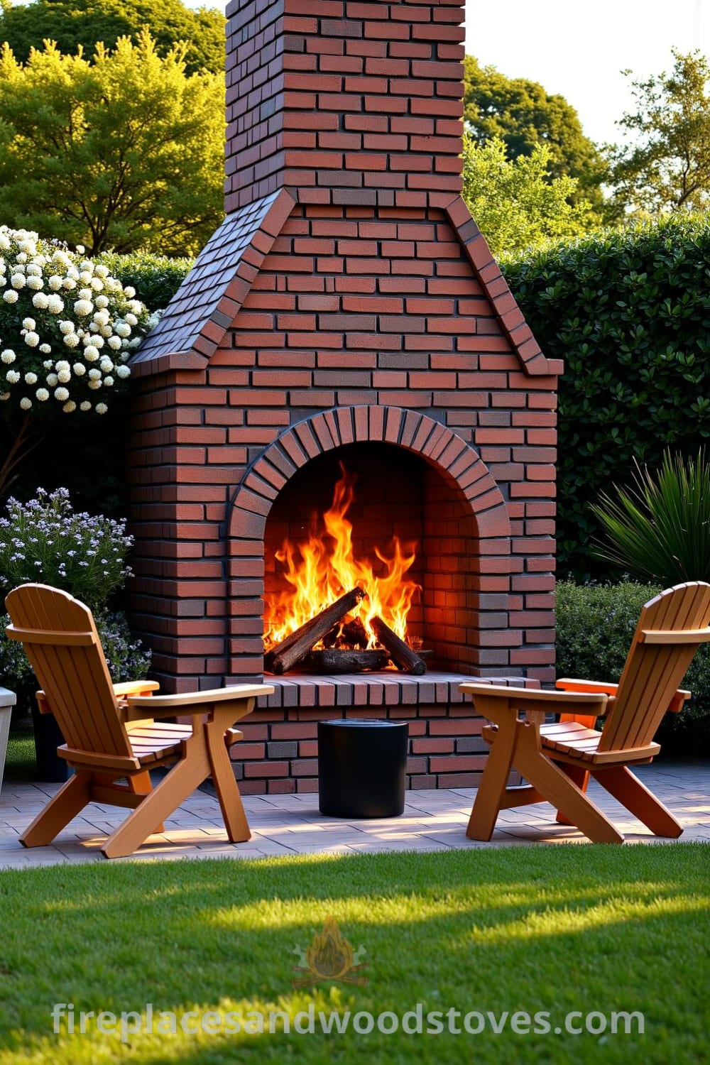 Tudor brick outdoor fireplace with weathered red bricks and warm golden flames, surrounded by inviting wooden chairs and colorful flowers in a sun-dappled garden, providing cozy design ideas for your home at fireplacesandwoodstoves.com.
