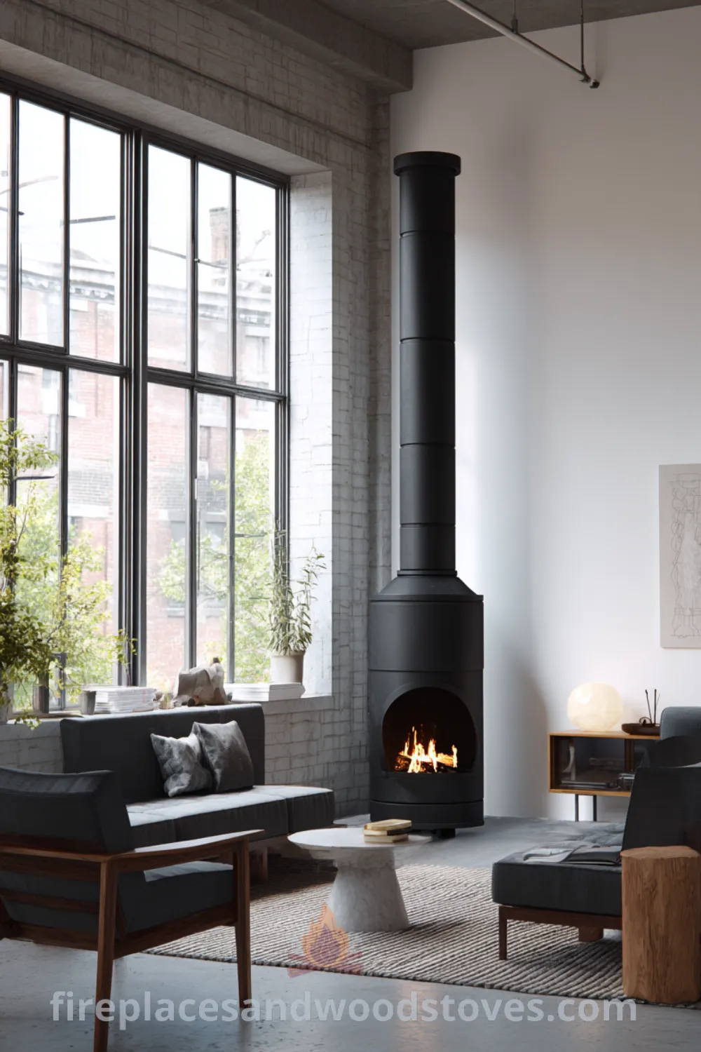 Bright living room with tall cast iron fireplace, raw concrete hearth, large windows, and minimalist industrial design, featuring cozy warmth modern and sleek wood stove industrial accents.