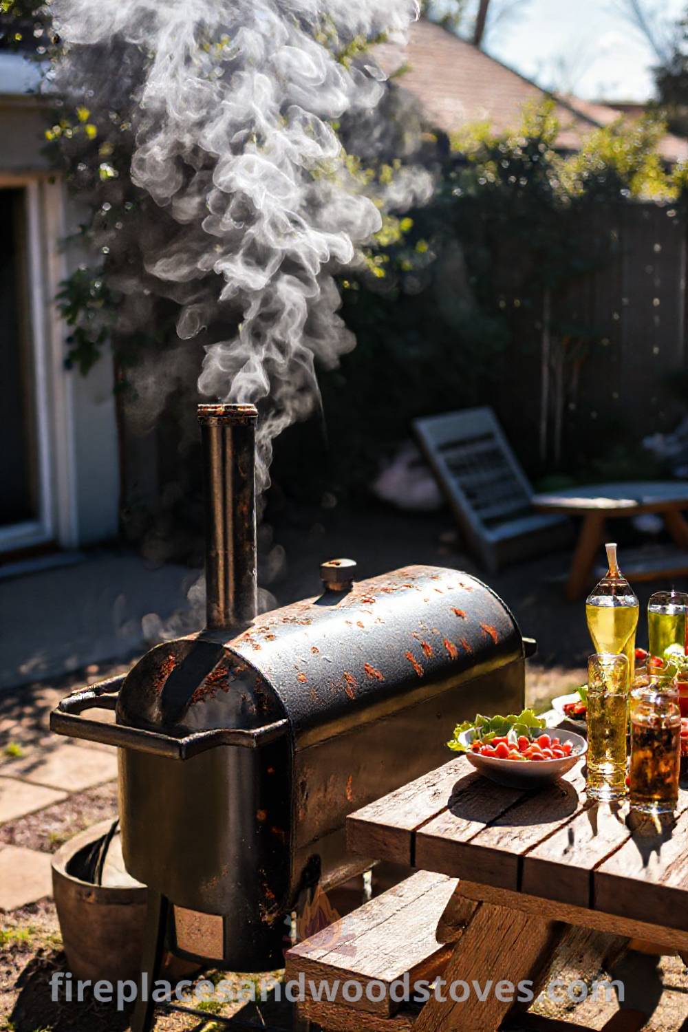Sturdy barbecue smoker in a sun-drenched backyard, accompanied by a picnic table with salads and drinks, creating a cozy and inviting outdoor space ideal for gatherings. Visit patioandhomefurniture.com for stylish ideas that will wow your guests.