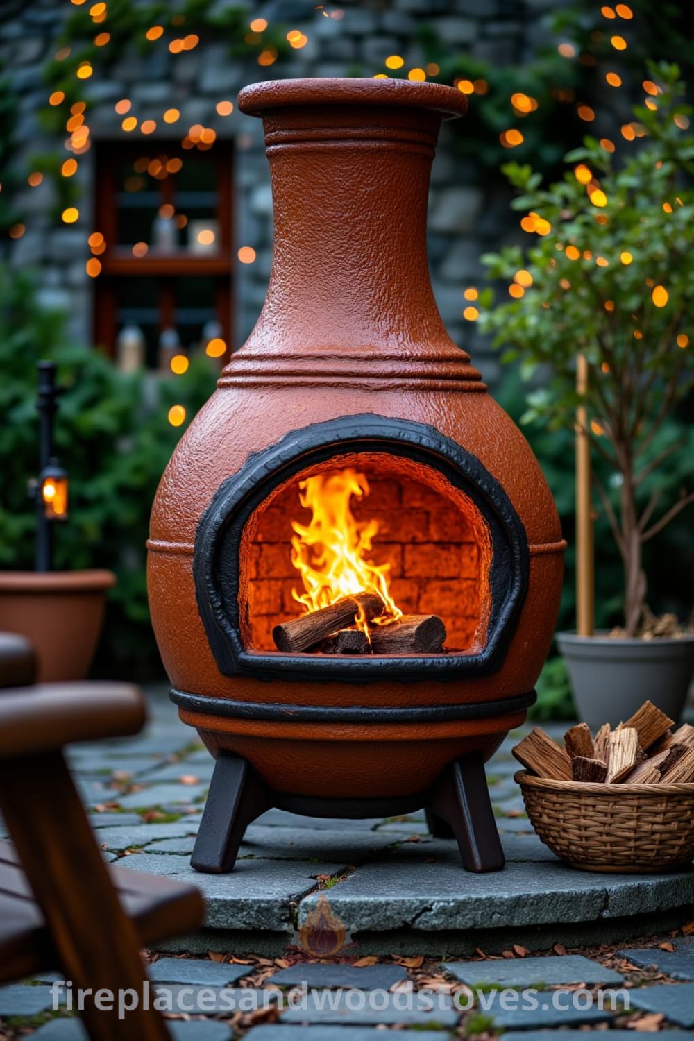 Charming chiminea-style outdoor fireplace on a cobblestone patio with a lively fire, surrounded by wooden furniture and greenery, creating a cozy and inviting atmosphere for gatherings, showcasing unique decor inspirations for your home. Visit fireplacesandwoodstoves.com for more cozy ideas.
