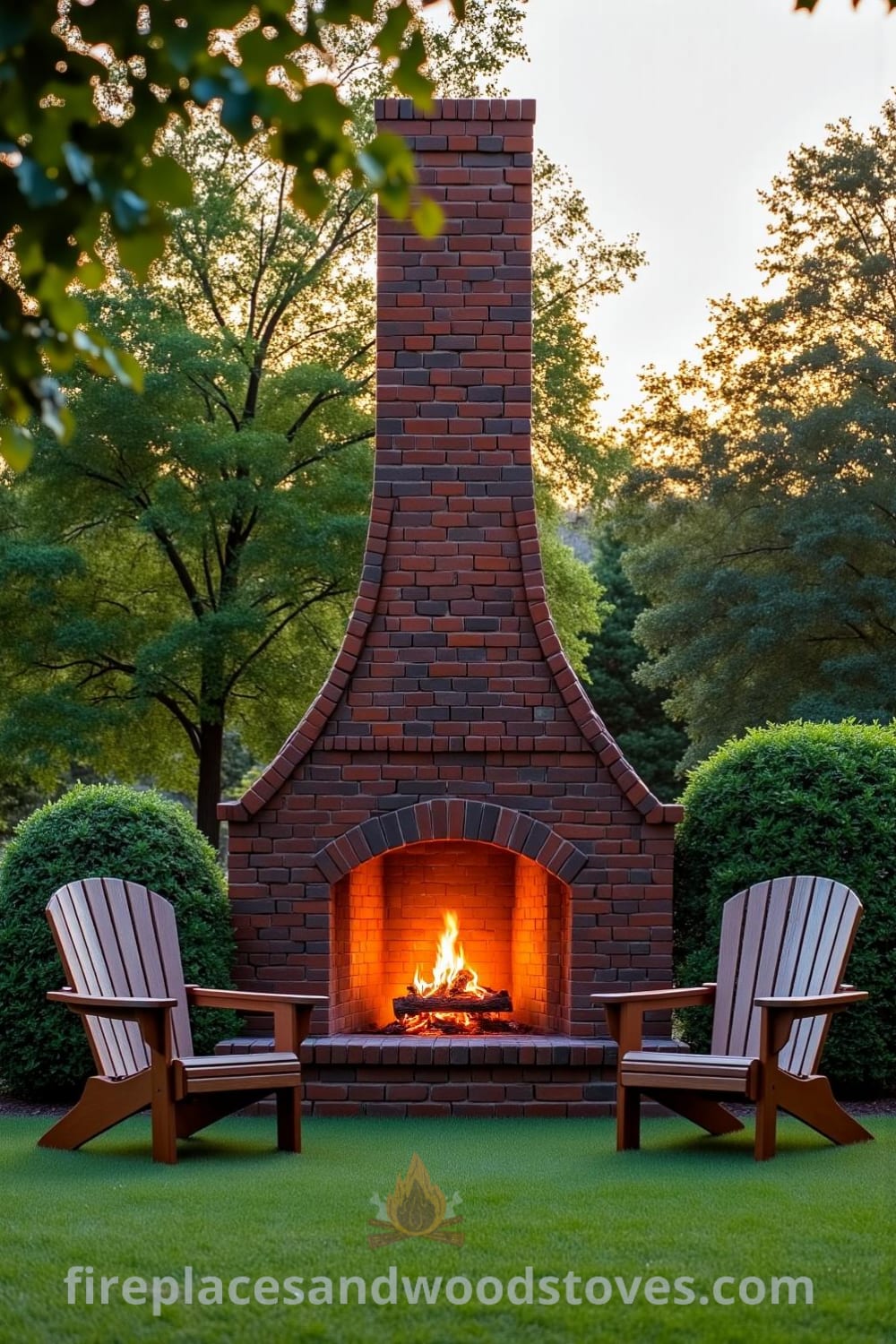 Tudor brick fireplace in a spacious backyard surrounded by greenery, showcasing warm flames, aged bricks, and mismatched Adirondack chairs, creating a cozy atmosphere for gatherings and relaxation, featuring inspiring decor ideas for your home on fireplacesandwoodstoves.com.