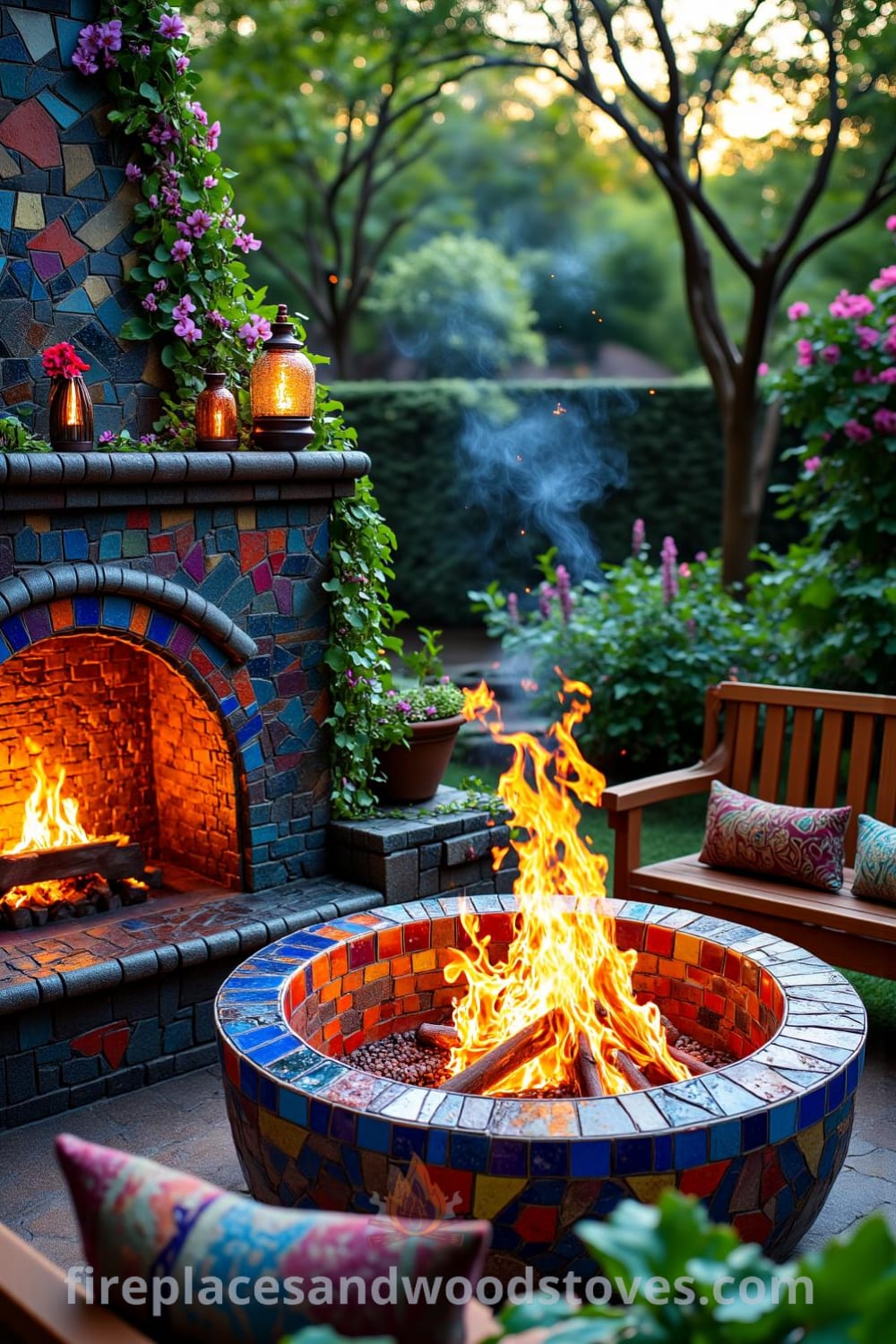 Bohemian mosaic firepit in a lush garden, featuring vibrant tiles, flickering flames, plush wooden benches, and blooming flowers, creating a cozy atmosphere perfect for gatherings. For more cozy ideas and inspirations, visit fireplacesandwoodstoves.com.