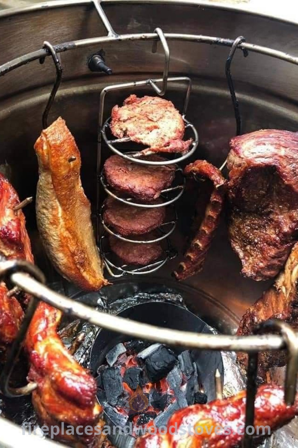 A custom BBQ pit on a back patio with sizzling meats, showcasing outdoor cooking ideas that inspire creativity and style. Enhance your backyard with BBQs and pizza ovens for an incredible cooking experience. Discover more at patioandhomefurniture.com.