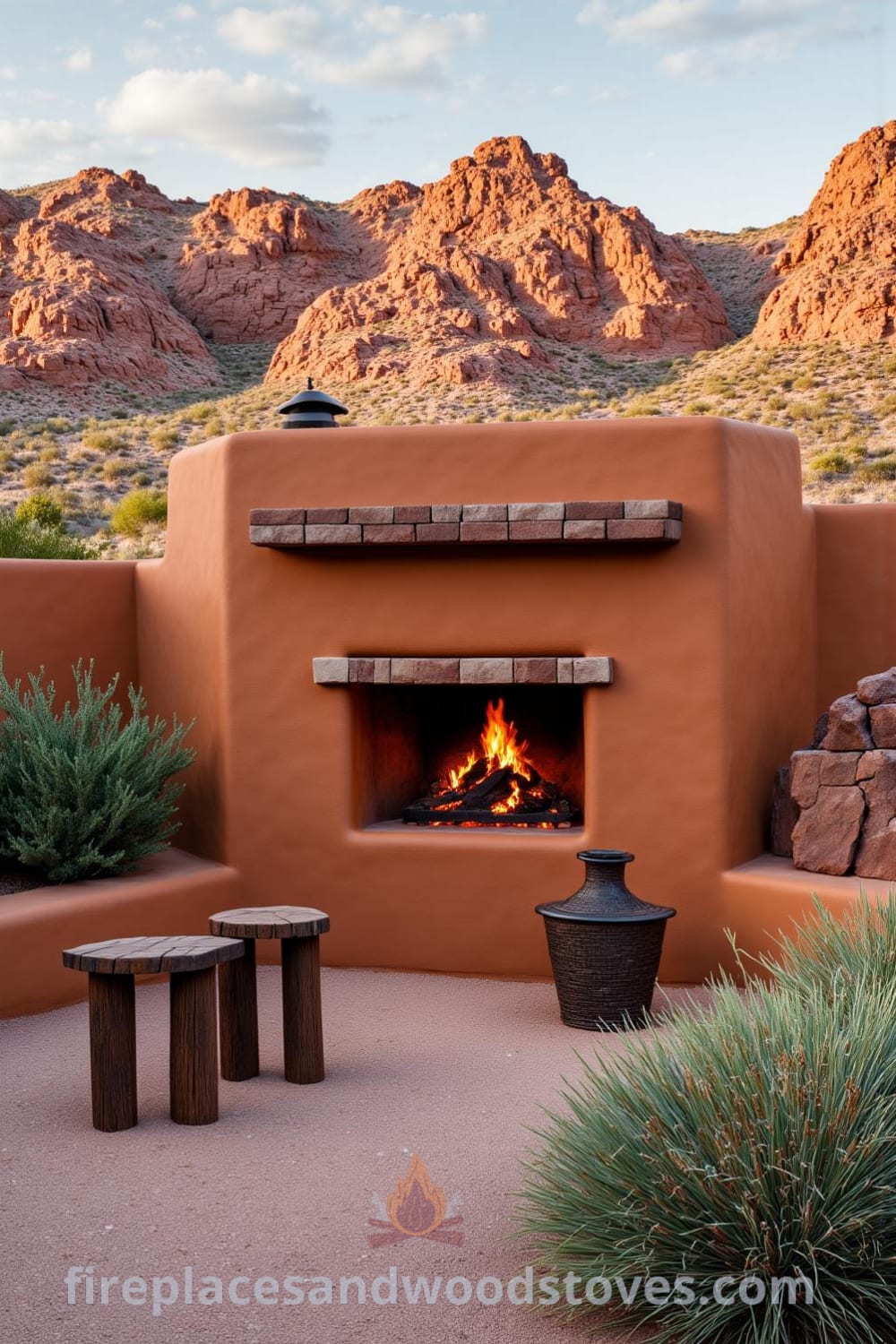 Adobe outdoor barbecue nestled in a rugged desert landscape, featuring a cozy wood fire, rustic wooden stools, and hardy desert plants, providing decor ideas and inspirations for creating a unique outdoor gathering space; visit fireplacesandwoodstoves.com for more inspiring ideas for your home.