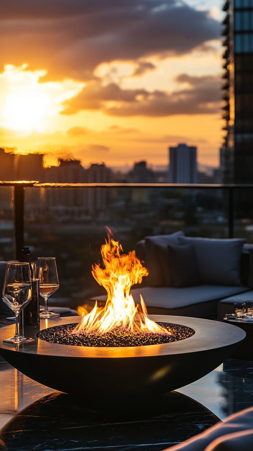 A modern fire pit on a rooftop terrace adorned with stylish outdoor furniture and elegant glassware, set against a city skyline at sunset.