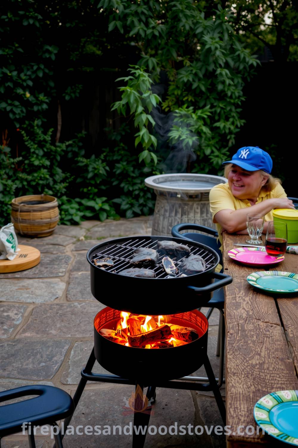 Traditional barbecue grill on a stone patio, surrounded by lush greenery, glowing charcoal, and a rustic wooden table set with colorful plates and glasses, creating an inviting atmosphere for a cozy gathering, showcasing cozy ideas and design inspirations for your home, fireplacesandwoodstoves.com.