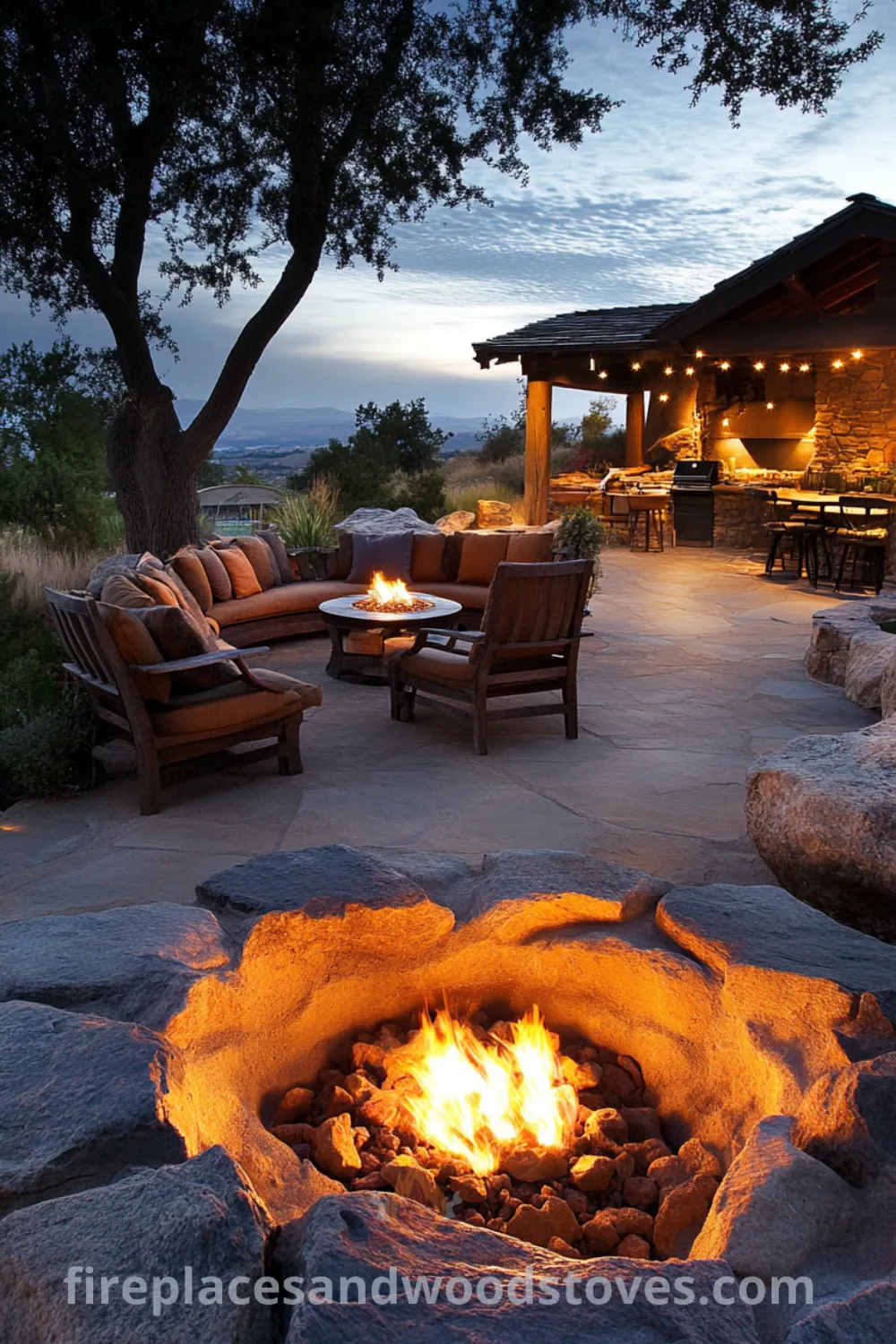 Cozy fire pit area on fireplacesandwoodstoves.com, featuring outdoor fire ideas, backyard living designs, and inviting outdoor seating with fire pit for memorable evenings.