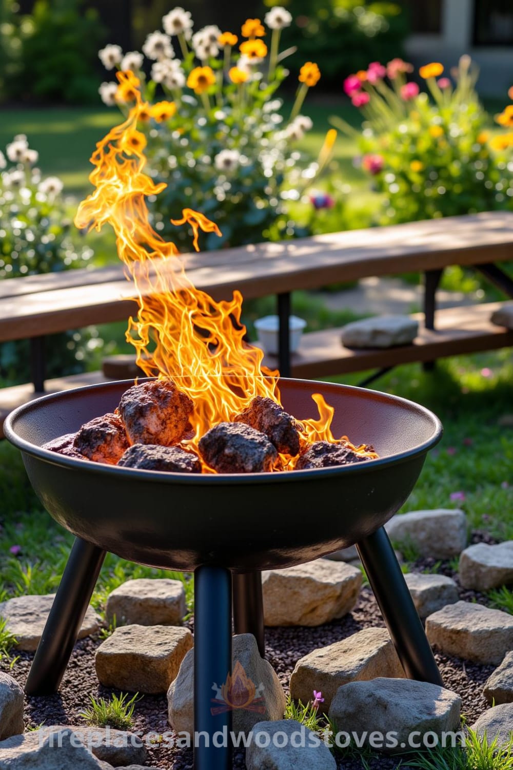 Nomadic firepit outdoor barbecue on uneven stones in a sun-dappled garden, surrounded by wildflowers and wooden benches, creating a cozy gathering space for evenings under the stars, featuring decor inspirations from fireplacesandwoodstoves.com.