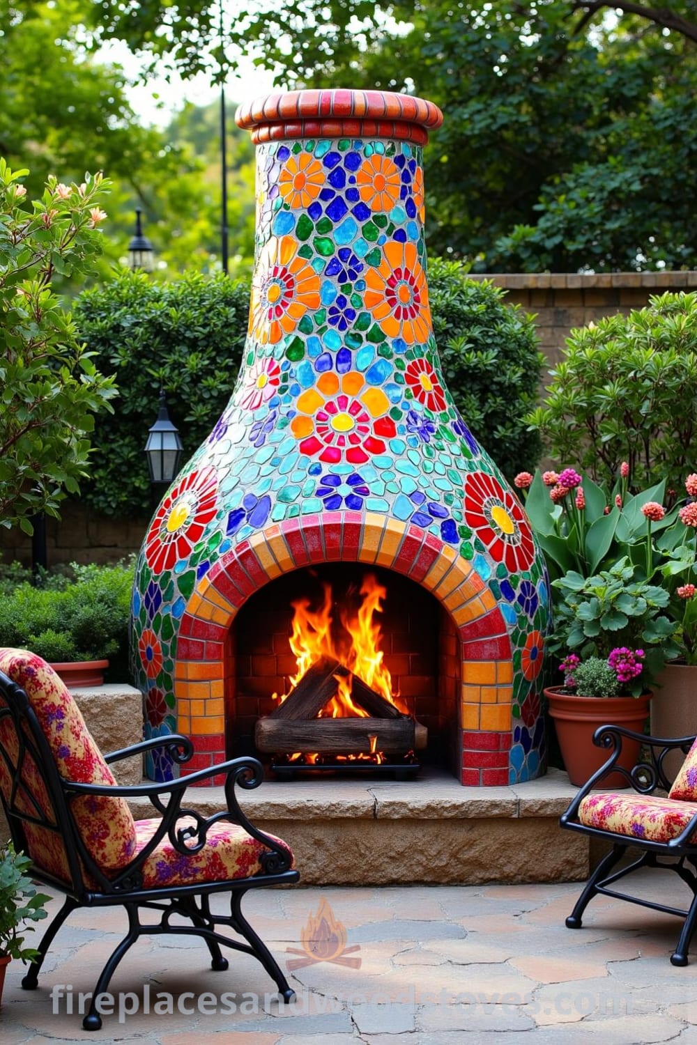 Bohemian mosaic fireplace in a vibrant garden setting, showcasing colorful tiles, textured stone patio, soft flickering flames, and inviting mismatched chairs, offering cozy ideas and decor inspirations for your home, from fireplacesandwoodstoves.com.