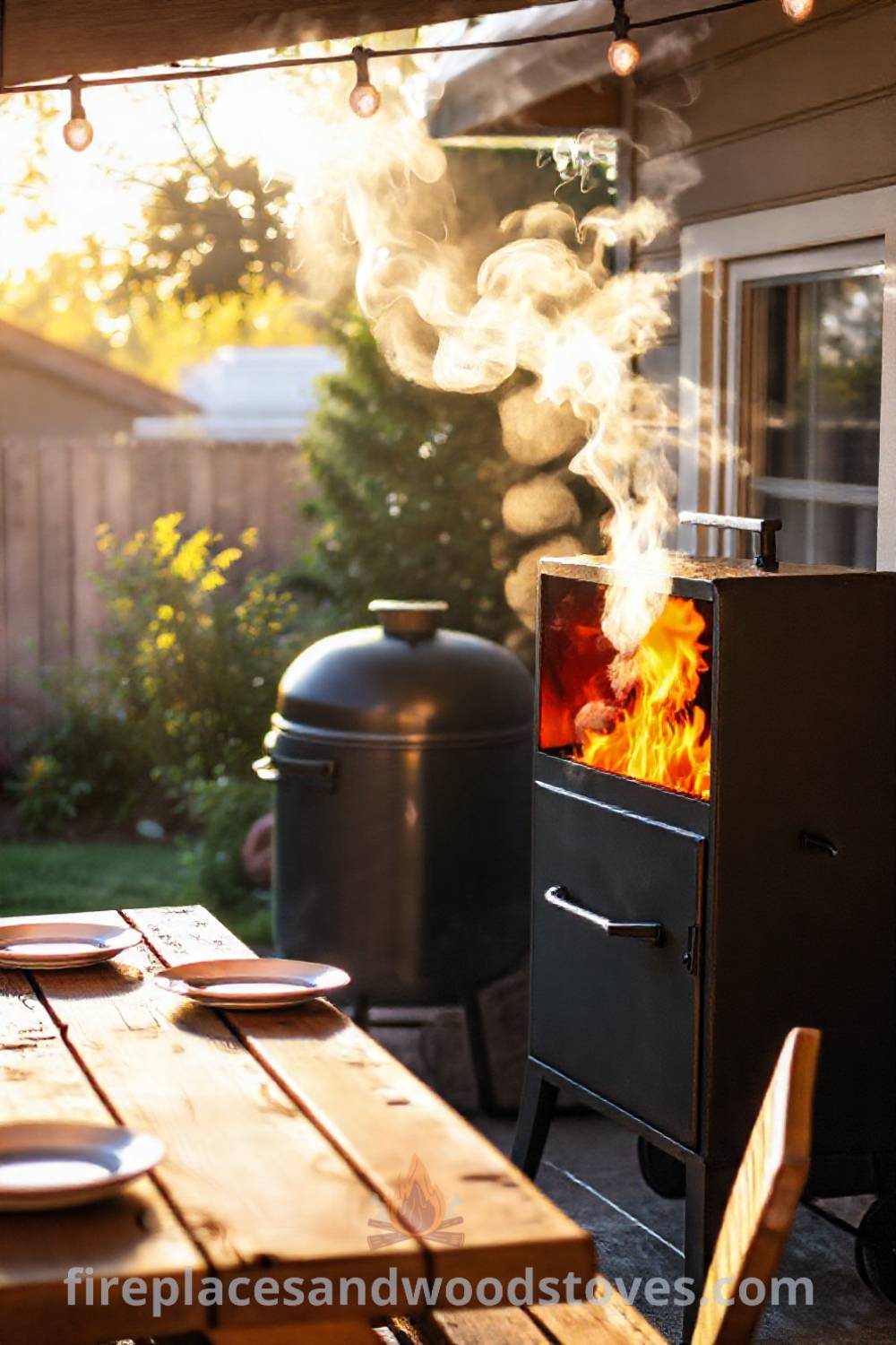 Sturdy barbecue smoker in a sun-drenched backyard surrounded by a weathered picnic table and string lights, creating a cozy atmosphere perfect for outdoor gatherings and delicious meals. Visit patioandhomefurniture.com for incredible ideas that will wow your guests.