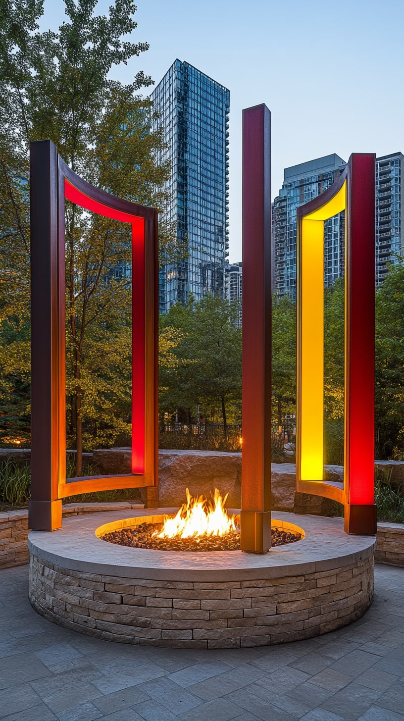 A colorful public art installation with three large metal frames in red and yellow surrounding a fire pit in an urban park, creating a warm and inviting atmosphere.