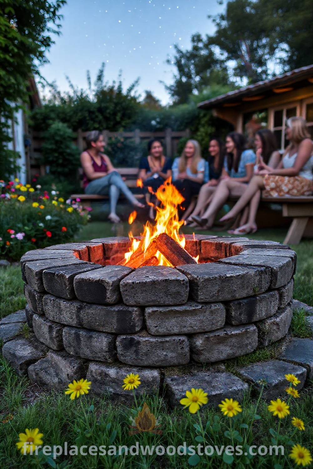 A cozy stone fire pit surrounded by greenery and blooming wildflowers, with friends gathered on wooden benches enjoying the evening atmosphere under the stars. Visit patioandhomefurniture.com for stylish outdoor design ideas that will wow your guests.