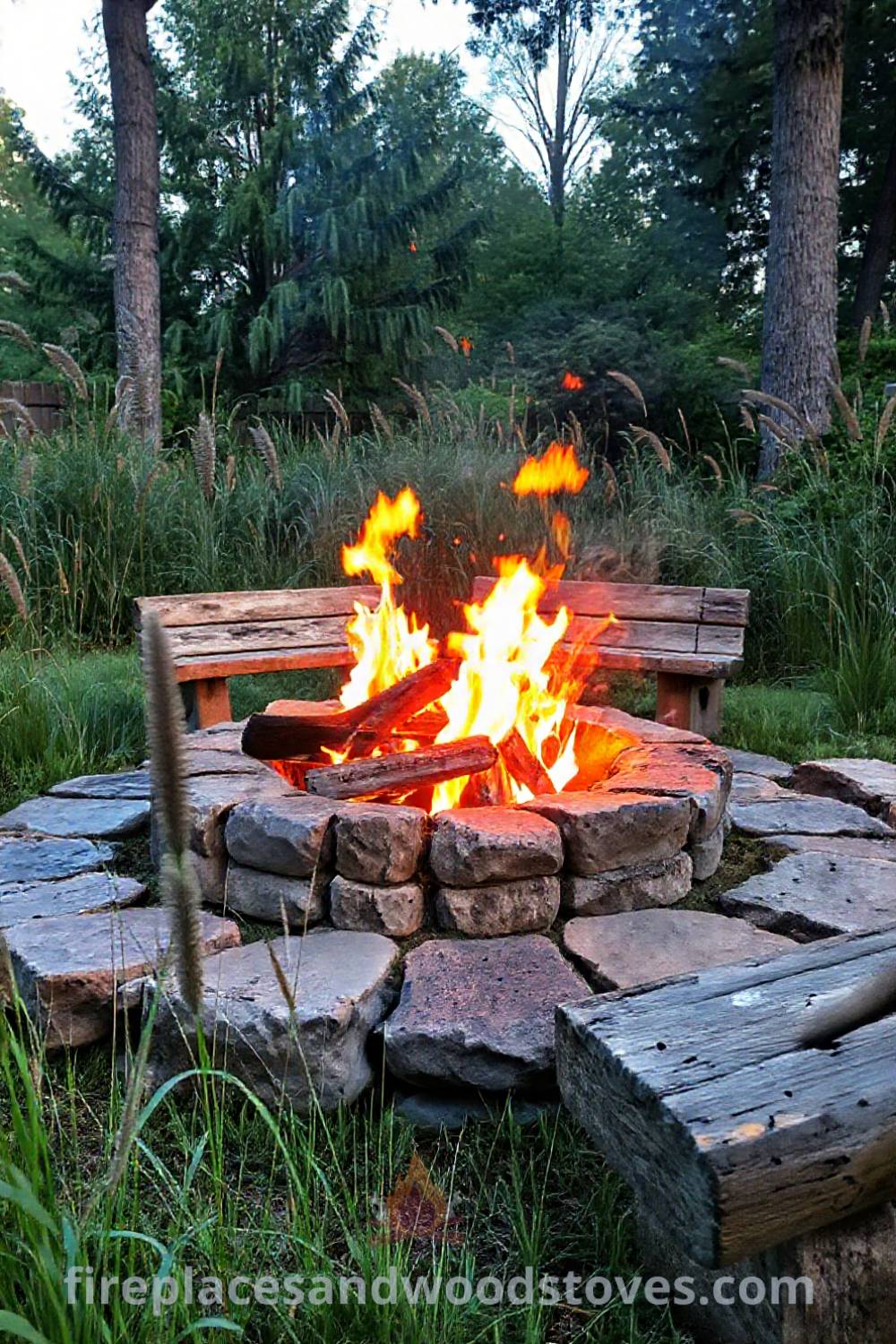 Rustic stone fire pit in a lush backyard surrounded by tall grasses, featuring flickering flames and log benches, creating a cozy gathering spot. Visit patioandhomefurniture.com for stylish outdoor design ideas that will wow your guests.