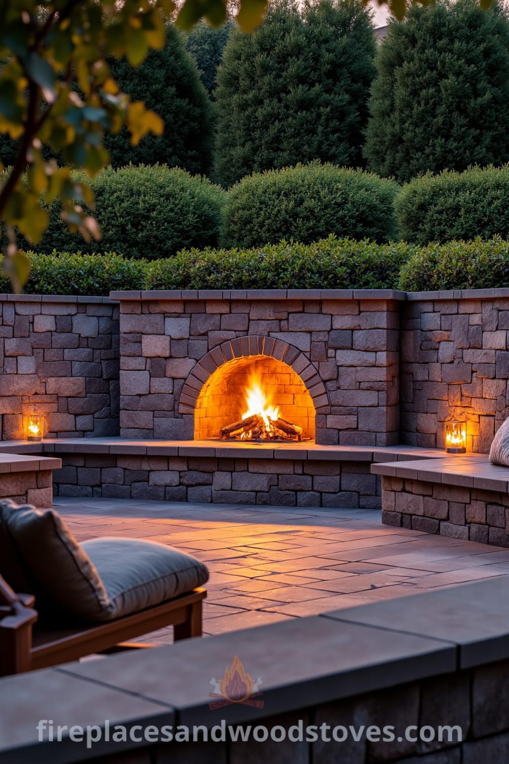 Cozy sunken patio featuring a warm fireplace surrounded by stone, plush cushions, and low shrubs creating a secluded charm, perfect for intimate gatherings, offering unique design ideas for your home at fireplacesandwoodstoves.com.