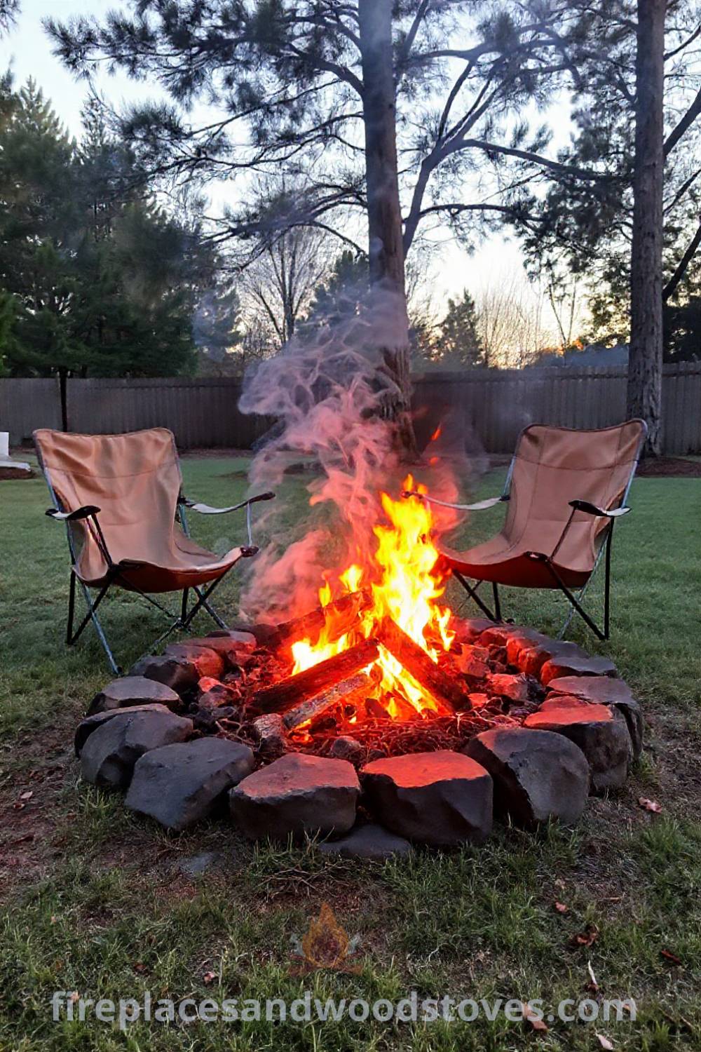 Rustic charcoal camping fire pit surrounded by uneven stones, with flickering flames and cozy camping chairs, creating a warm atmosphere for backyard gatherings. Visit patioandhomefurniture.com for outdoor design inspiration to transform your backyard into a cozy retreat.